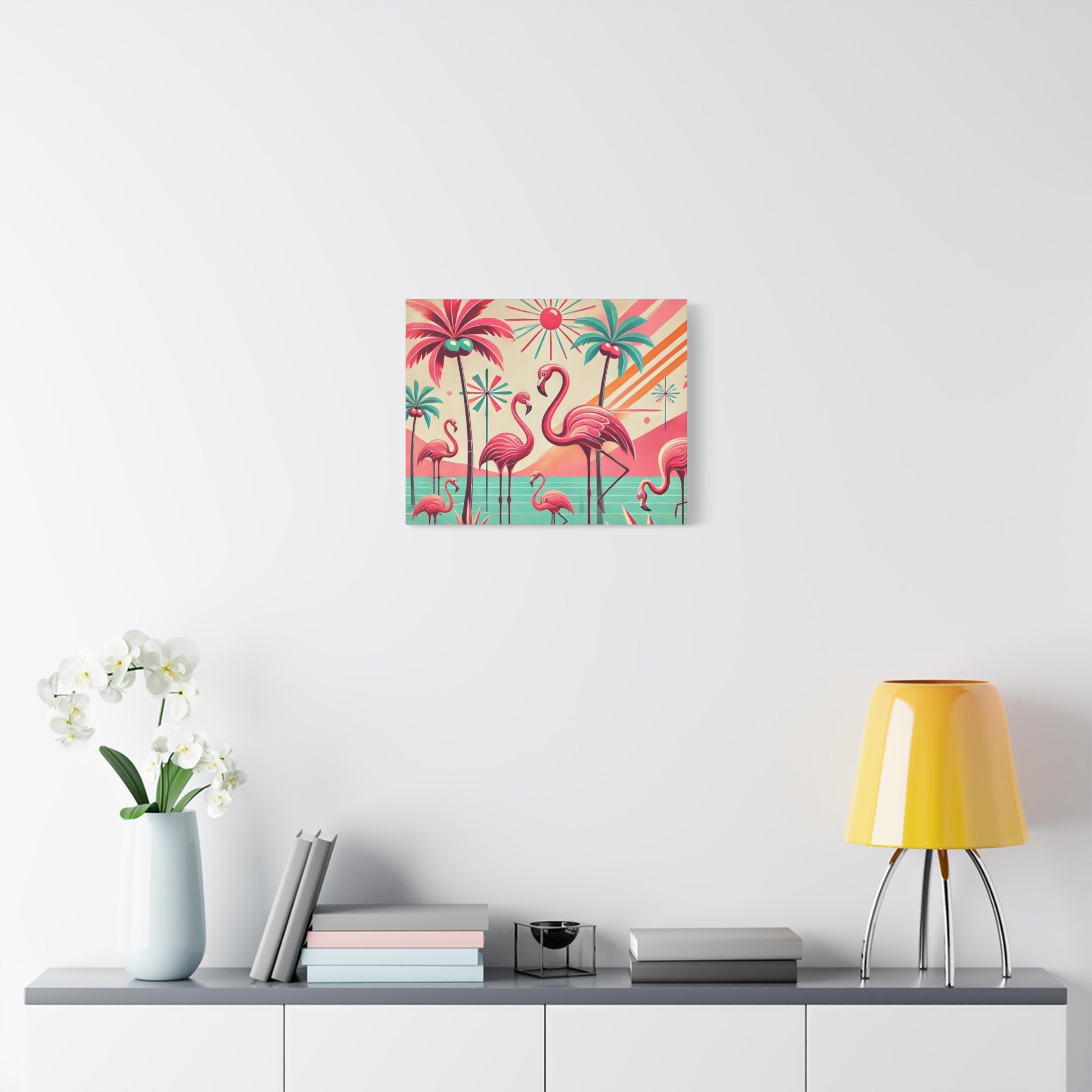1950s Mid Century Modern Flamingo Art, Kitschy Pink, Teal, MCM Matte Canvas - Mid Century Modern Gal