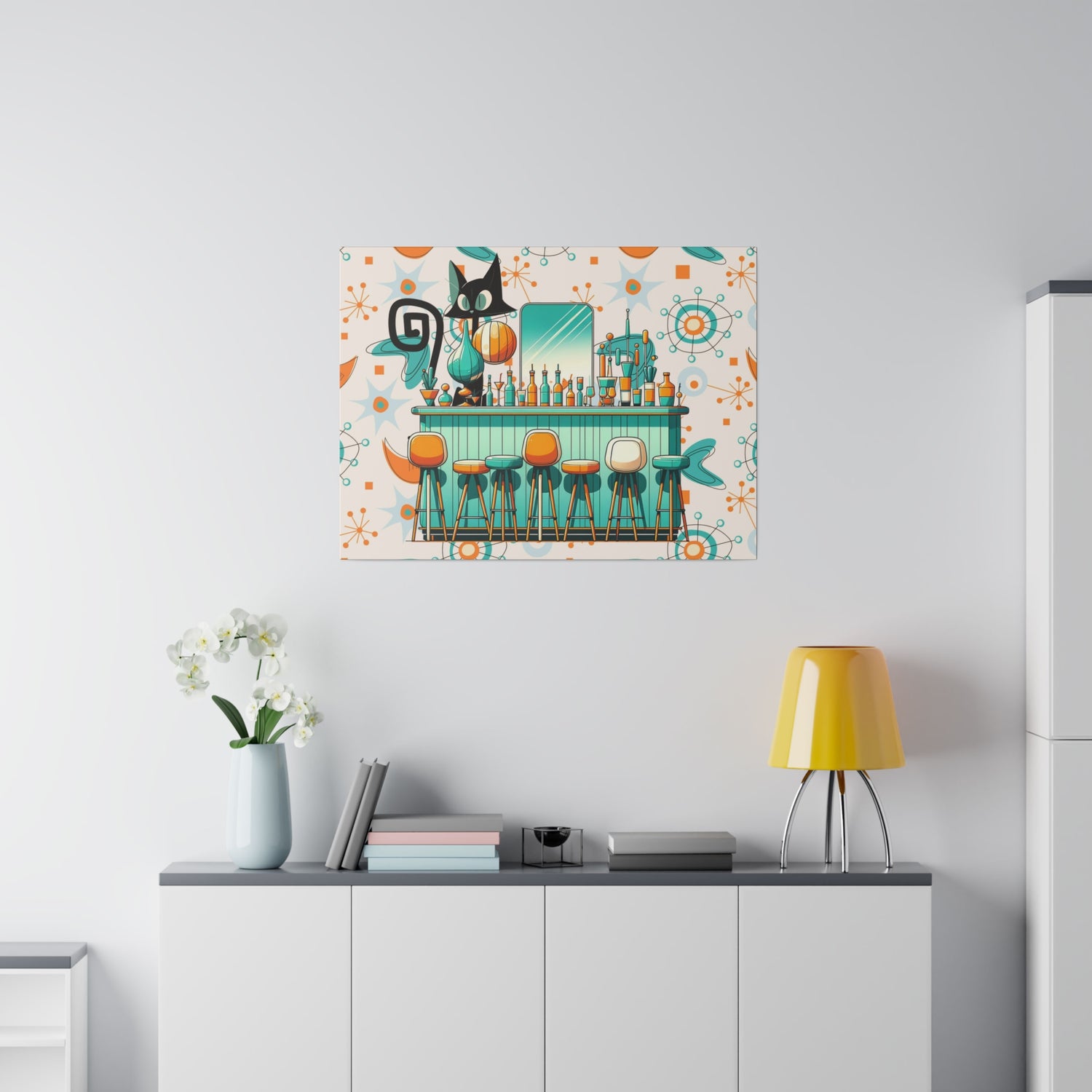 Atomic Cat, Mid Century Modern Kitschy Bar, Orange, Teal Mid Century Modern Wall Art - Mid Century Modern Gal