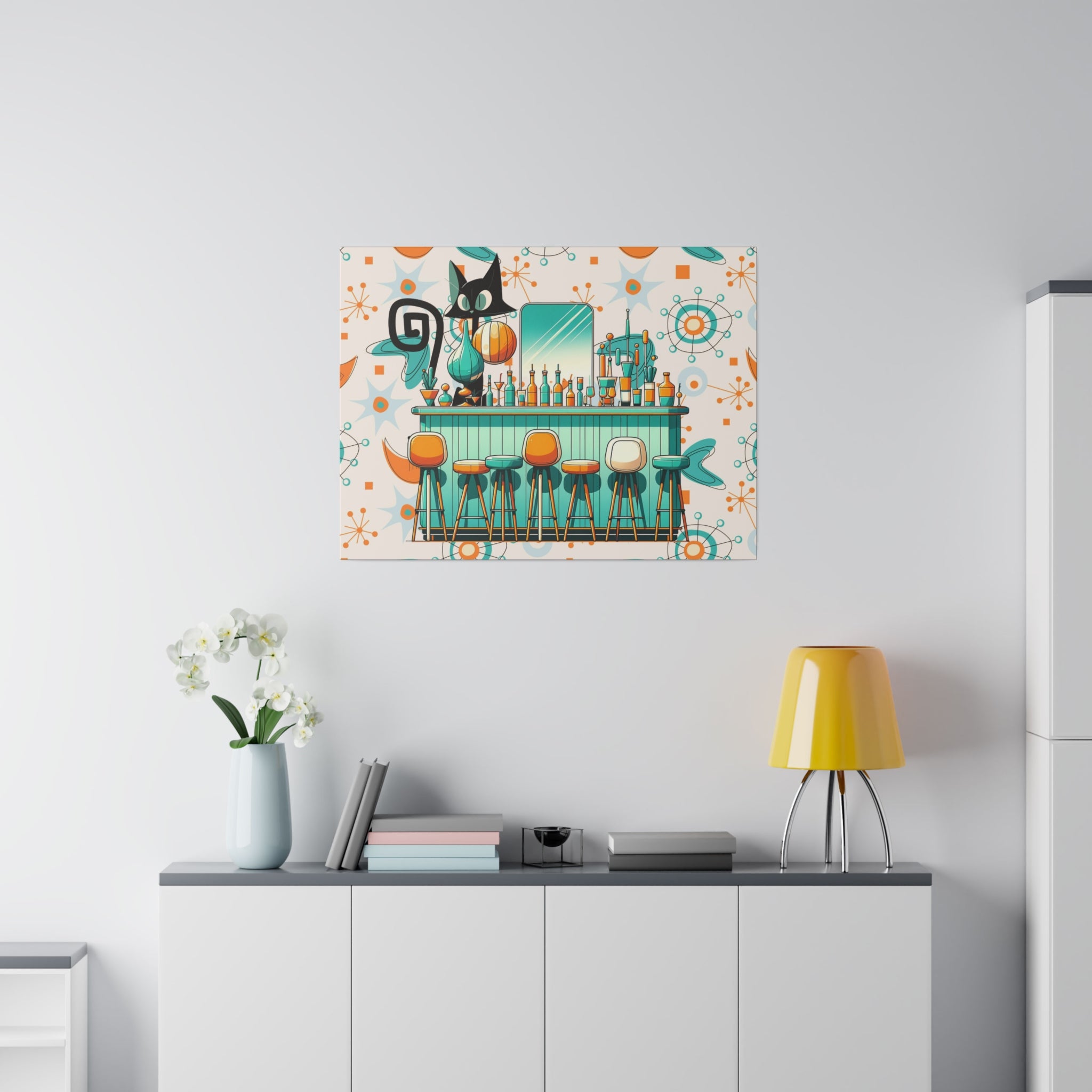 Atomic Cat, Mid Century Modern Kitschy Bar, Orange, Teal Mid Century Modern Wall Art - Mid Century Modern Gal