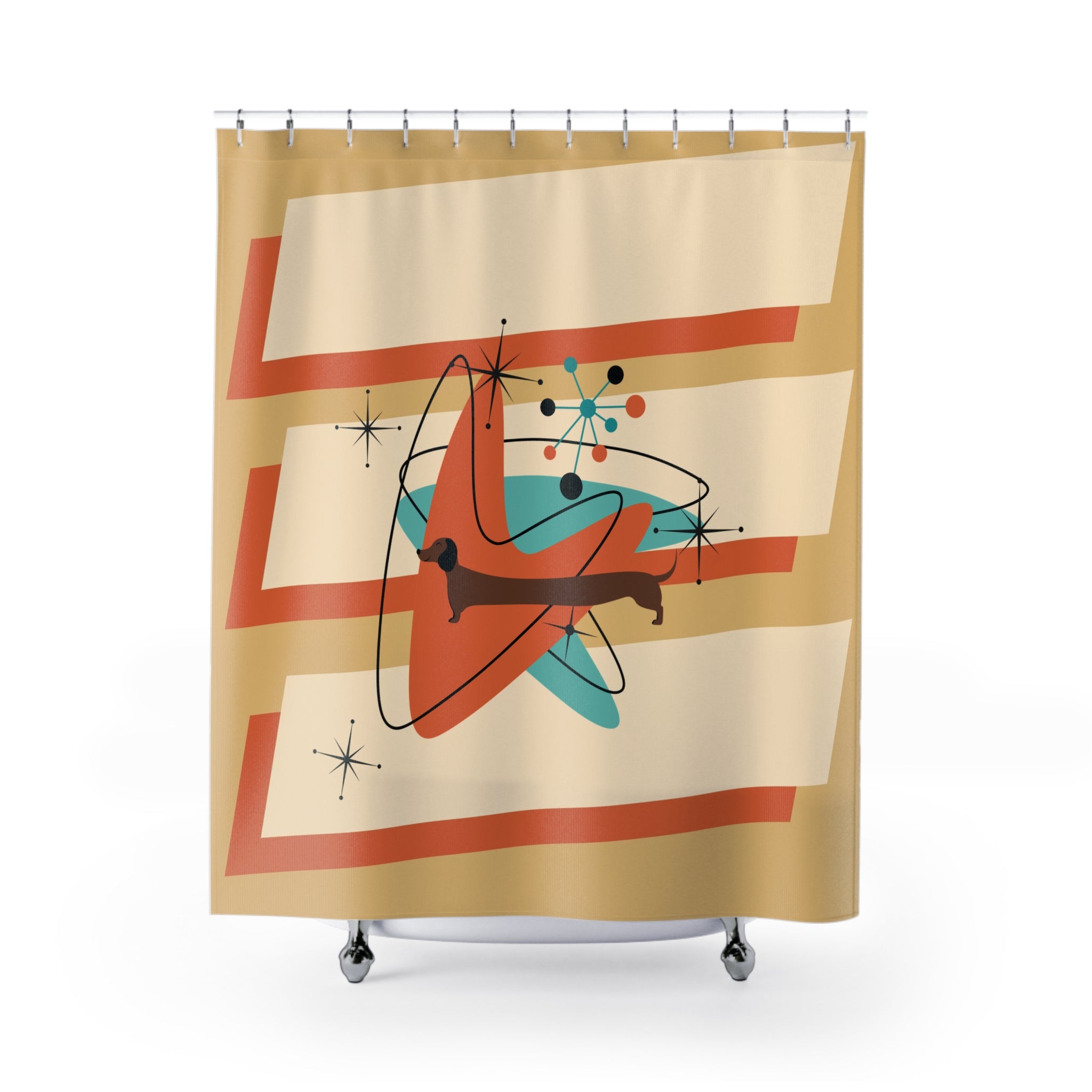 Doxie Dog Shower Curtain, Kitschy Mid Mod Retro Shower Curtain - Mid Century Modern Gal