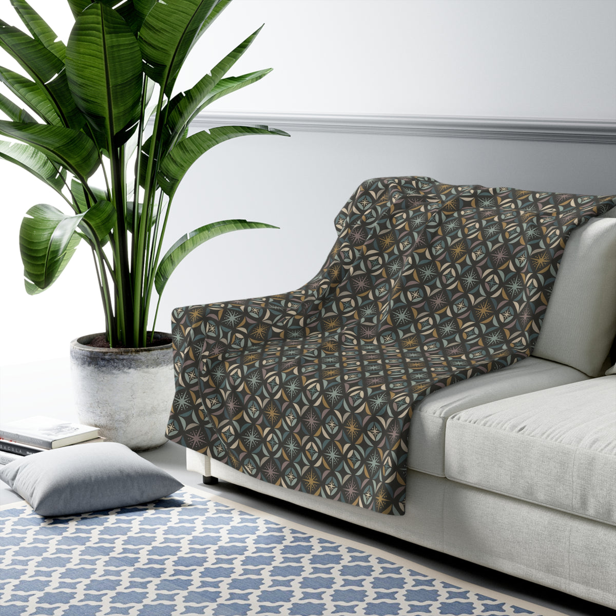 Mid Century Modern Elegant Gray Geometric Starburst Sherpa Fleece Blanket - Mid Century Modern Gal