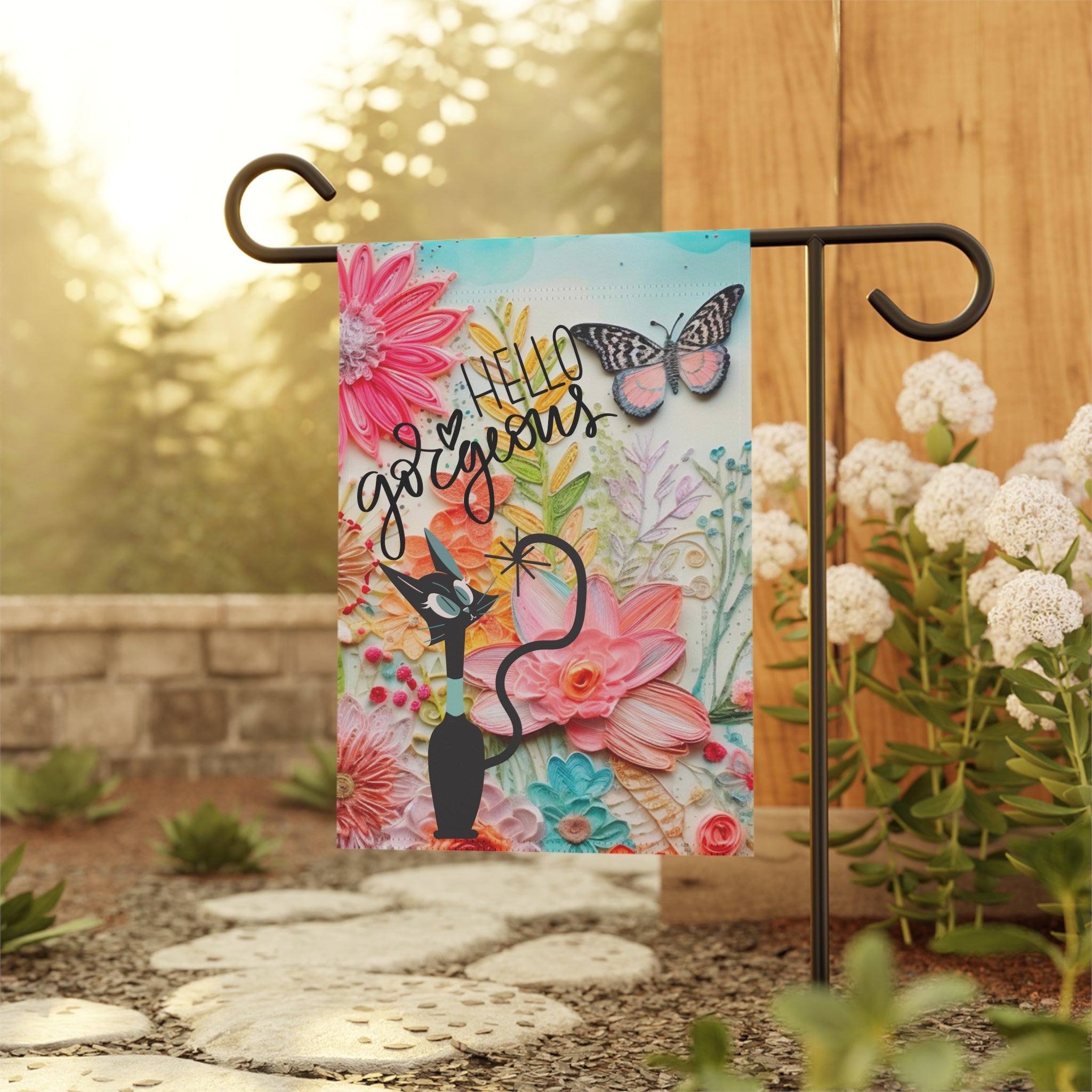 Boho Butterfly Garden Flag, 3D Art, Atomic Kitty Spring Summer Outdoor Welcome Flag - Mid Century Modern Gal