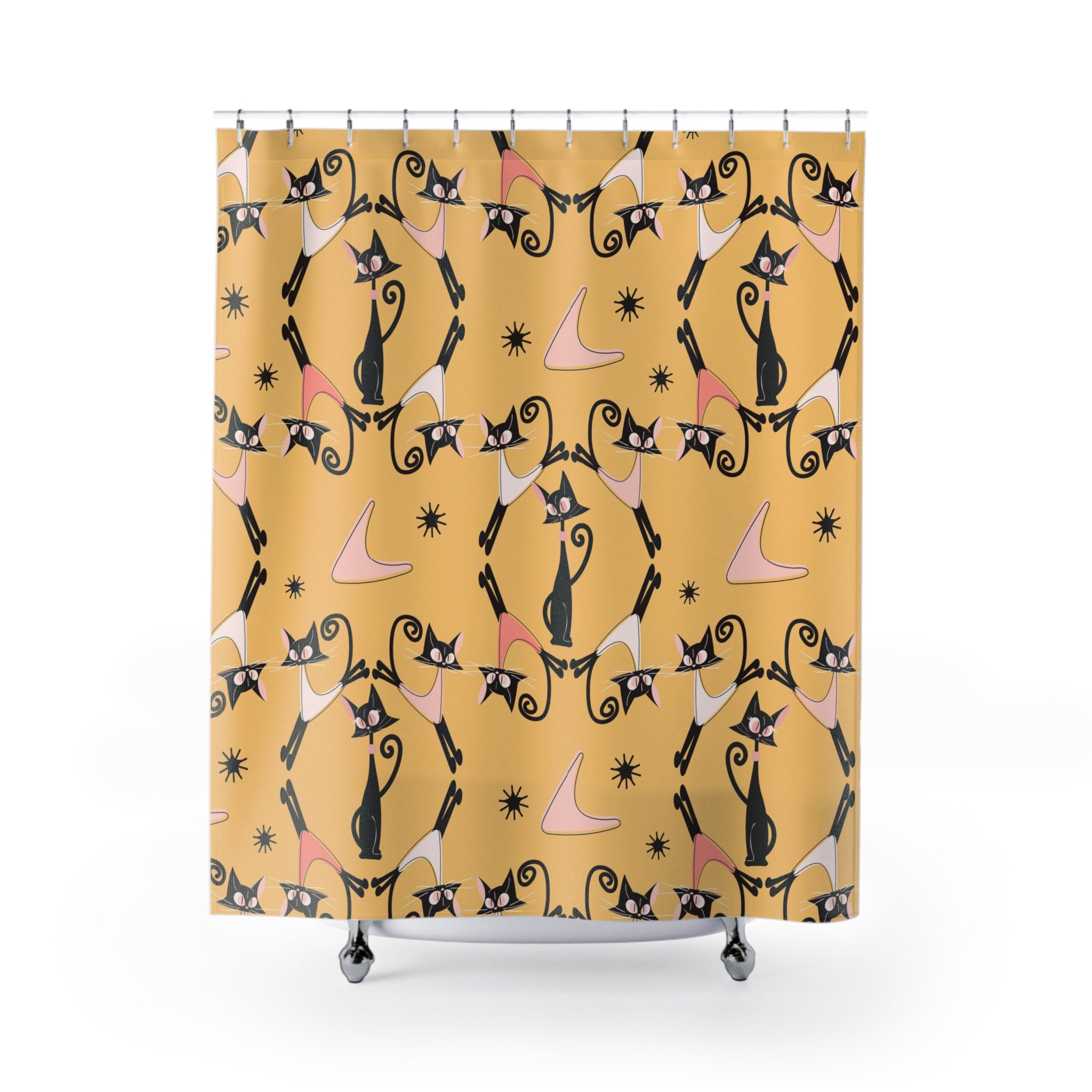 Atomic Cat Shower Curtain, Cat Mom Gifts, Black Cat Lover, Mid Century Modern Atomic Boomerangs, Mustard Yellow, MCM Bath Decor - Mid Century Modern Gal