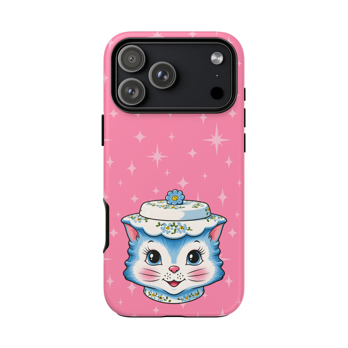 Mid Century Modern Kitschy Anthropomorphic Blue Cat with Floral Hat Tough Phone Case