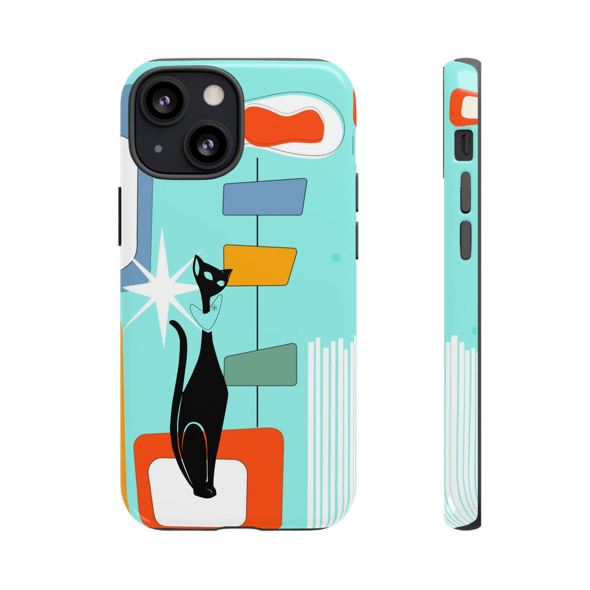 Atomic Cat, Mid Mod Aqua Blue, Geometric, Samsung, Google Pixel, Apple iPhone Tough Cases - Mid Century Modern Gal