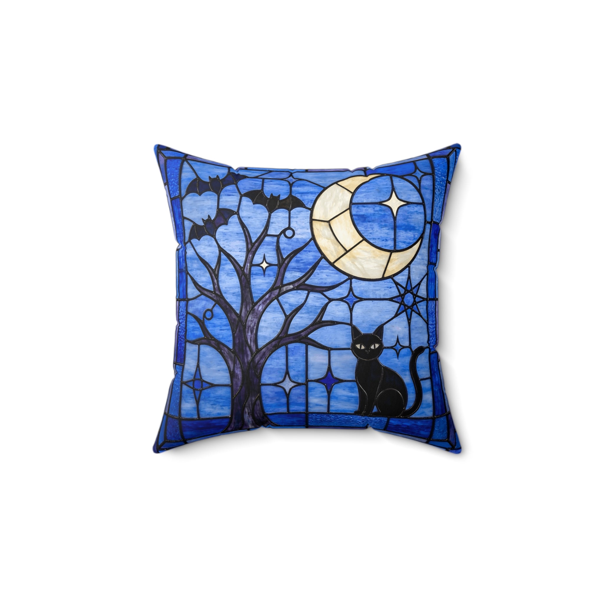 Halloween Stained Glass Inspired Night Sky Black Cat Pillow Cover and Insert - Mid Century Modern Gal
