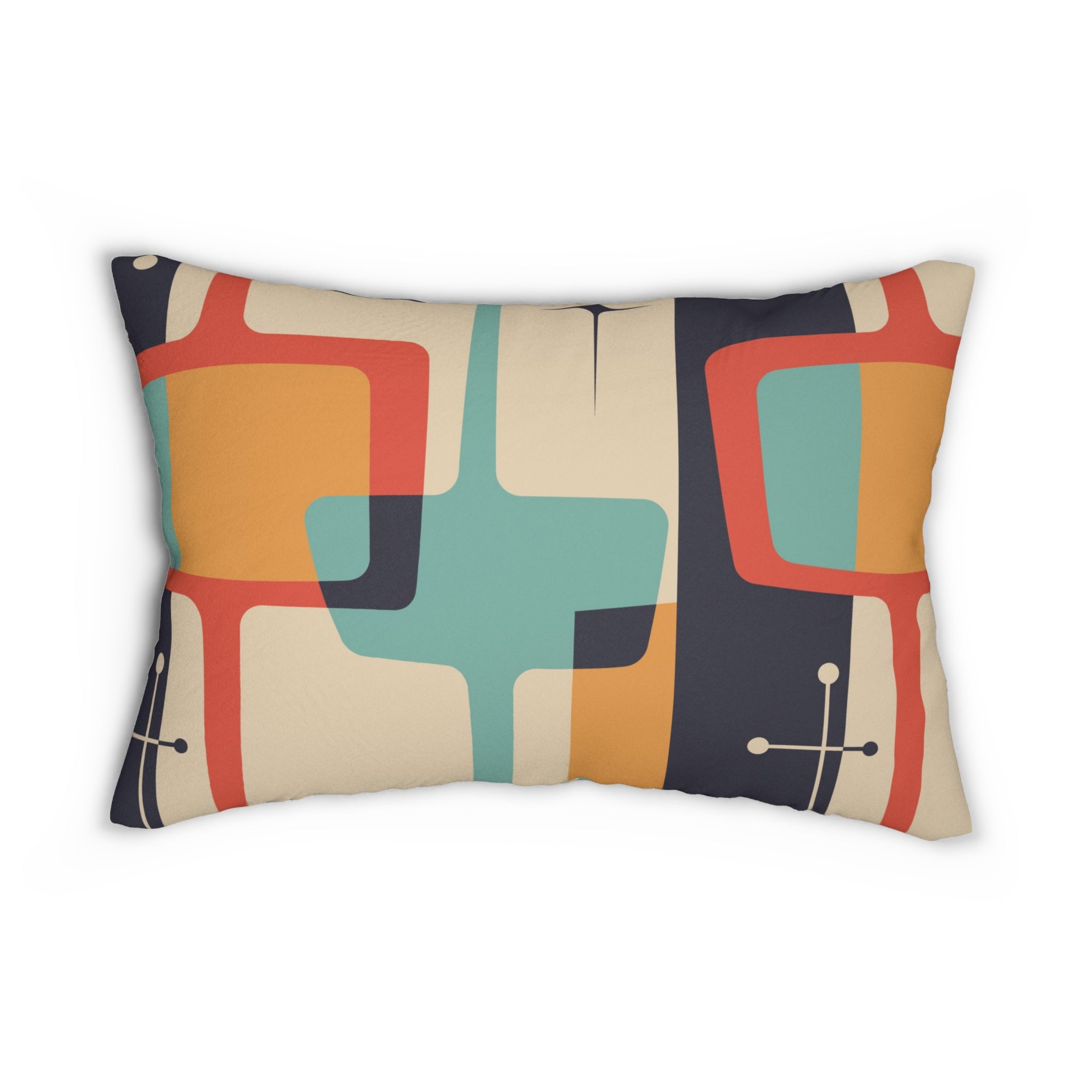 Mid Century Modern Geometric, Teal Aqua Blue, Mustard Yellow, Coral, Atomic Starburst Retro Lumbar Pillow - Mid Century Modern Gal