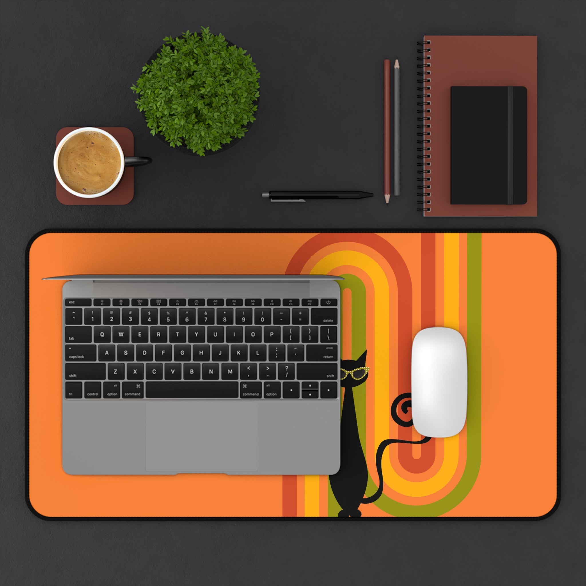 Atomic Cat Retro Orange Groovy Rainbow Mid Century Modern Desk Mat - Mid Century Modern Gal