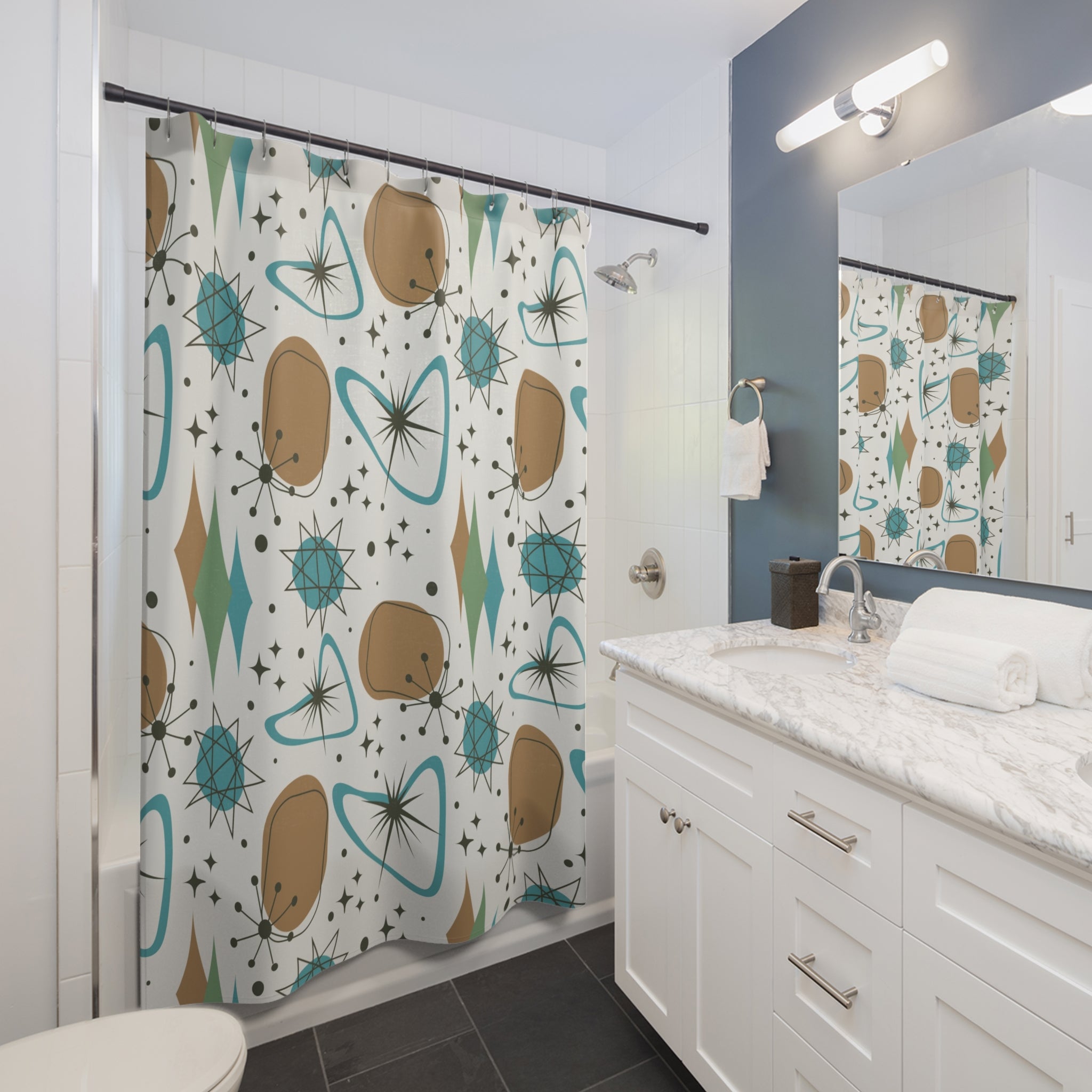 Mid Century Modern Atomic Boomerang Starburst, Mid Mod Shower Curtain - Mid Century Modern Gal