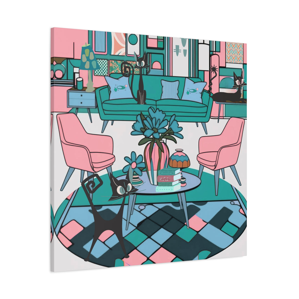 Atomic Cat Mid Century Modern Wall Art Colorful Cat-Themed Canvas Art - Mid Century Modern Gal