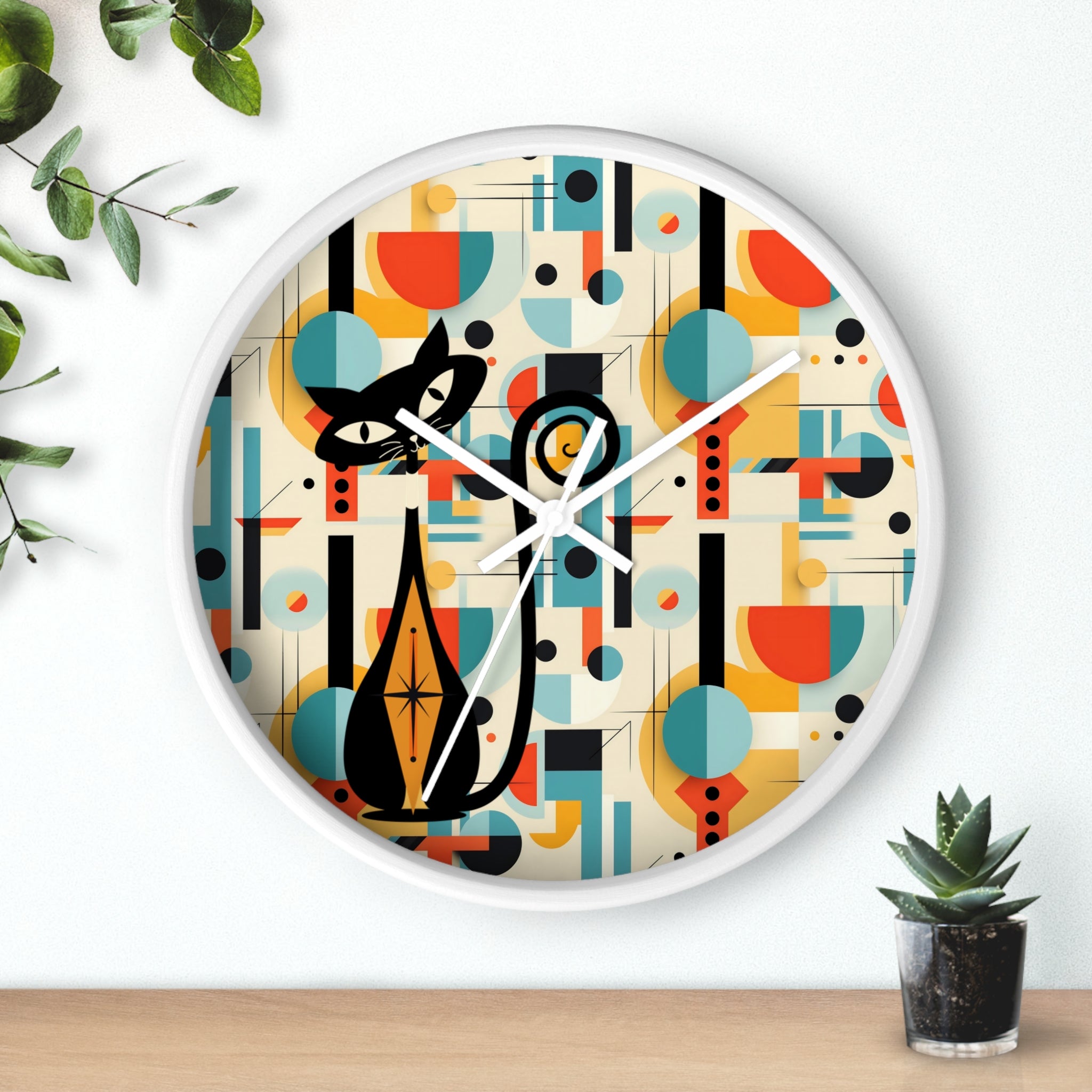 Atomic Cat Wall Clock, Bauhaus Designed Mid Century Modern Style Clock, MCM House Decor, Retro Style Cat Theme Clock - Mid Century Modern Gal