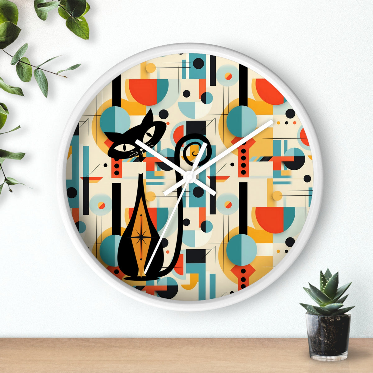 Atomic Cat Wall Clock, Bauhaus Designed Mid Century Modern Style Clock, MCM House Decor, Retro Style Cat Theme Clock - Mid Century Modern Gal