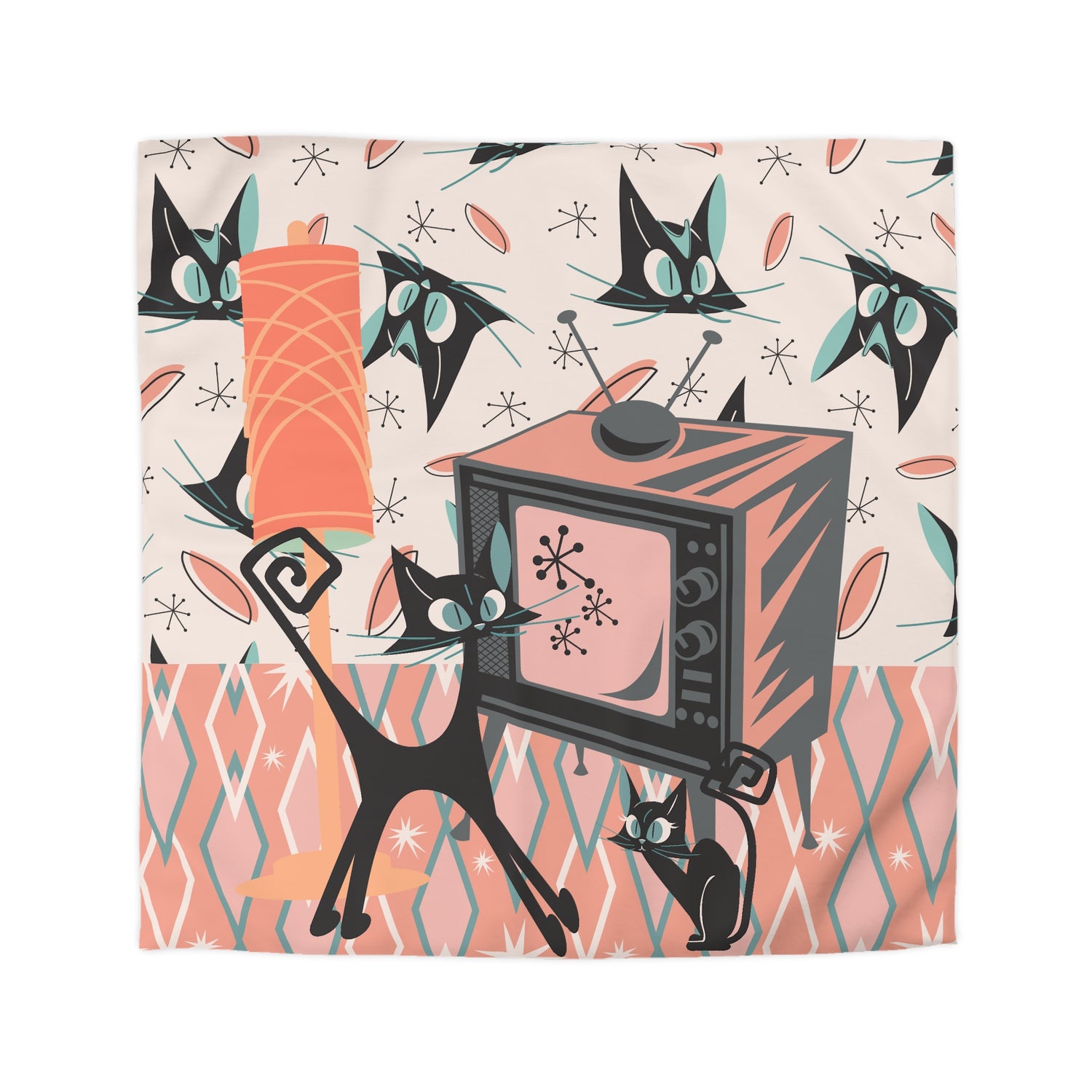 Mid Century Modern Bedding, Atomic Kitschy Cat, Retro TV, Whimsical Fun Quirky Bedroom Decor, In Coral Pink, Teal, Creamy Beige - Mid Century Modern Gal