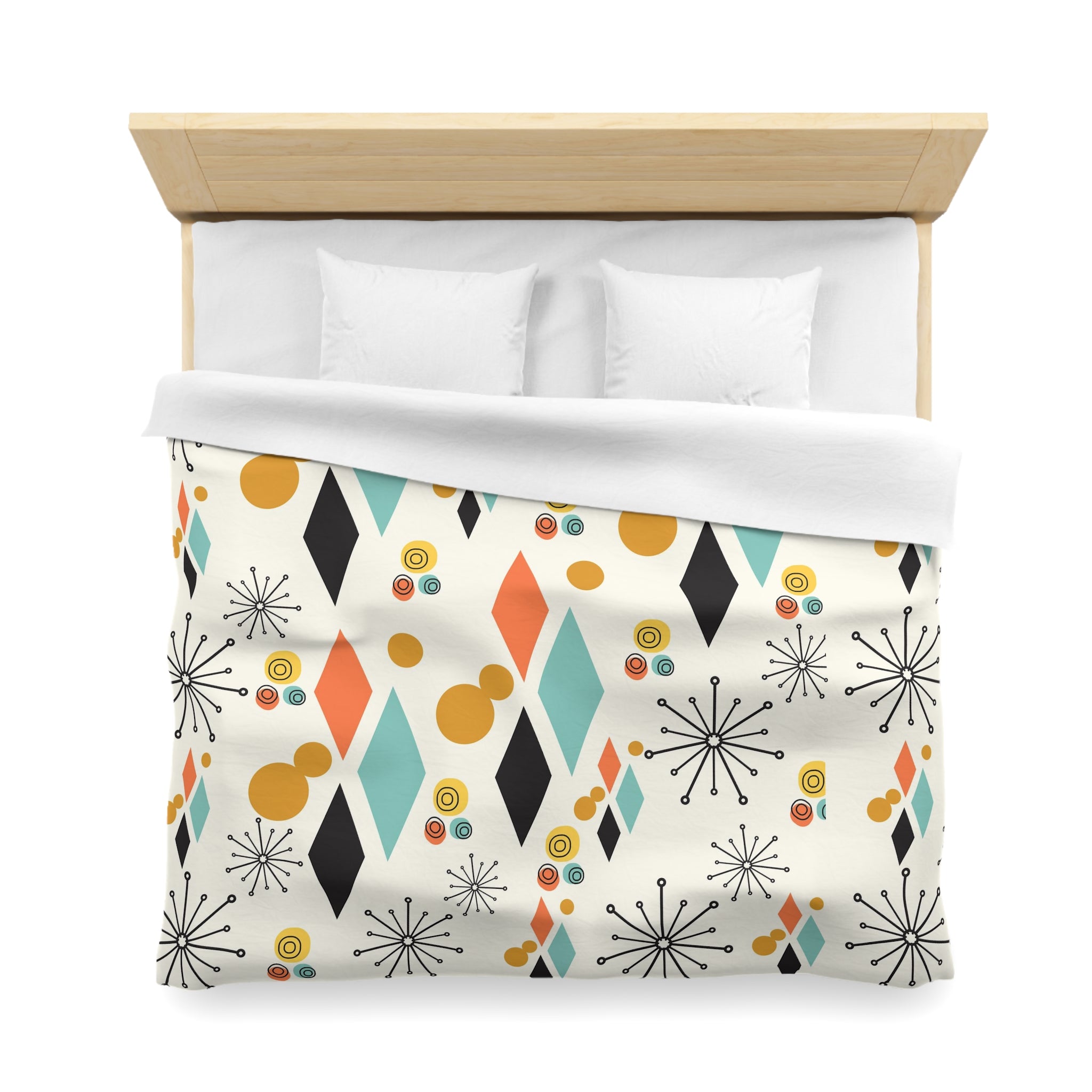 Mid Century Modern Bedding, Atomic Diamond, Sputnik,Beige, Aqua, Coral,Mustard Yellow, Retro Mod Duvet Covers - Mid Century Modern Gal