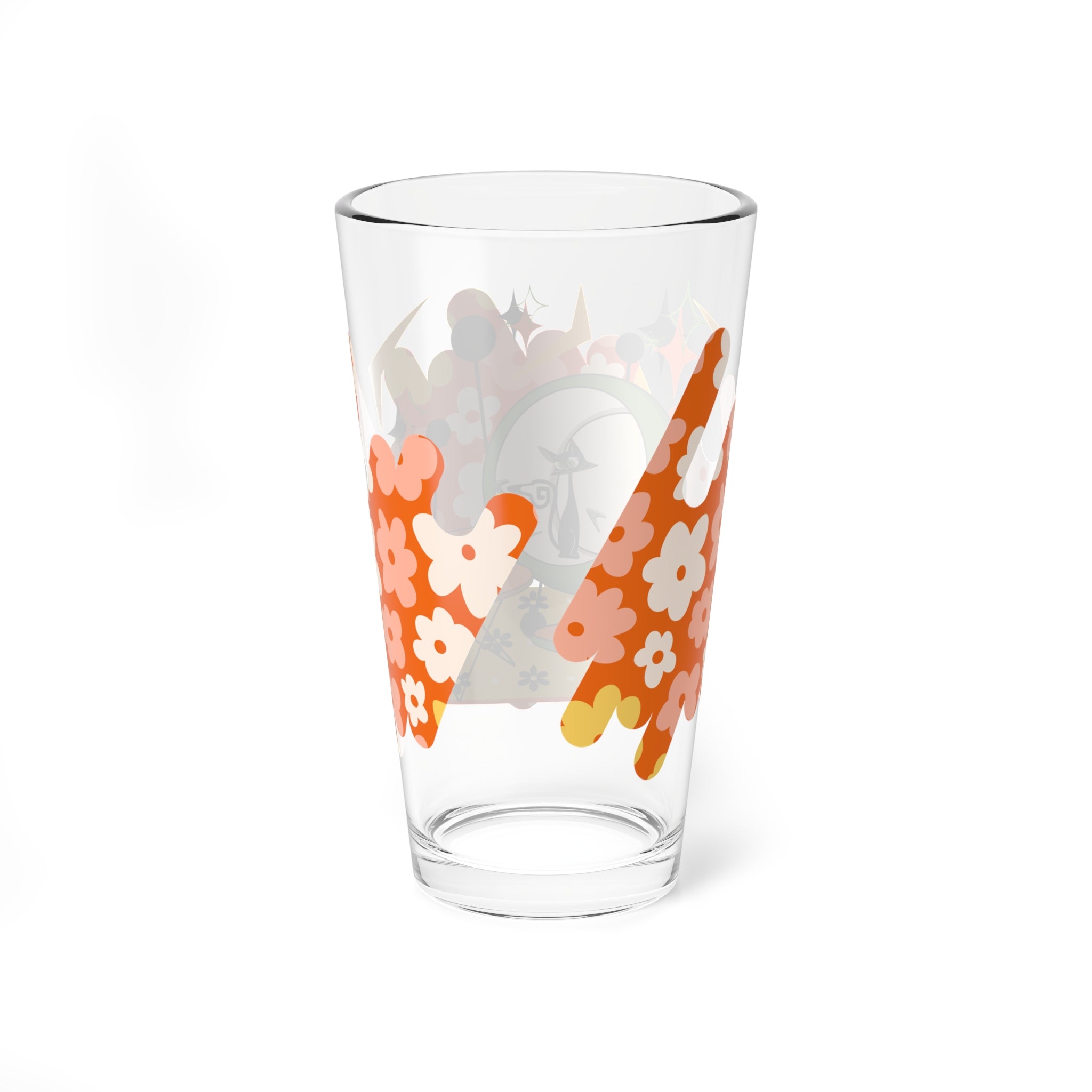 Mid Century Modern Barware, 70s Flower Power Atomic Cat Retro Glass - 16oz Floral Design for Cocktails & Beverages - Mid Century Modern Gal