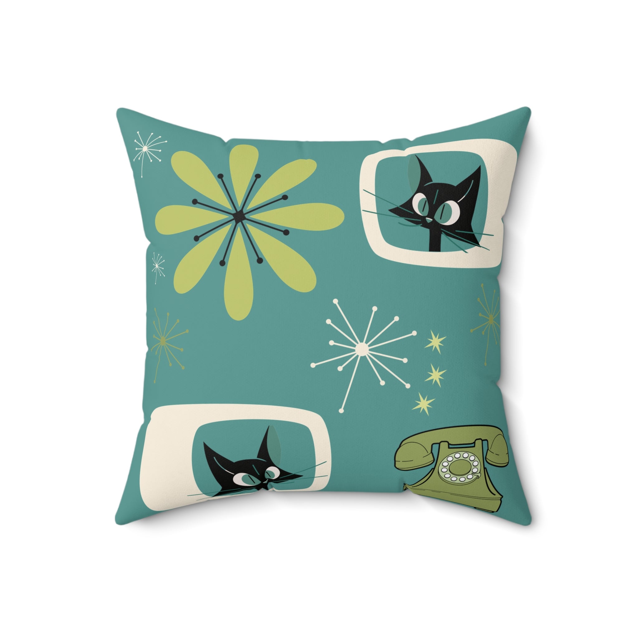 Atomic Space Cat, Teal Mid Century Modern Kitschy Mod Decorative Pillow - Mid Century Modern Gal