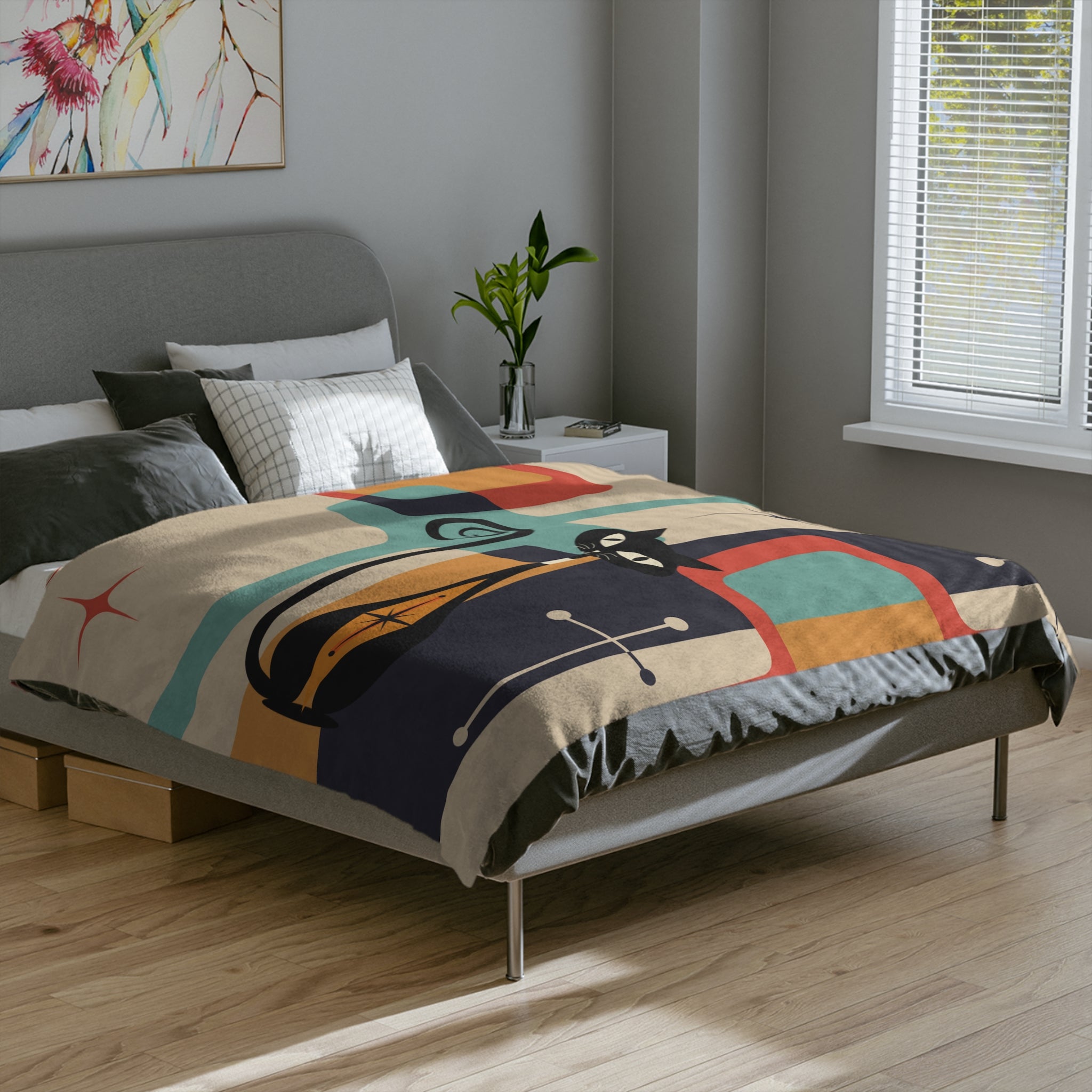 Atomic Cat Kitschy Mid Century Modern Velveteen Blanket - Mid Century Modern Gal