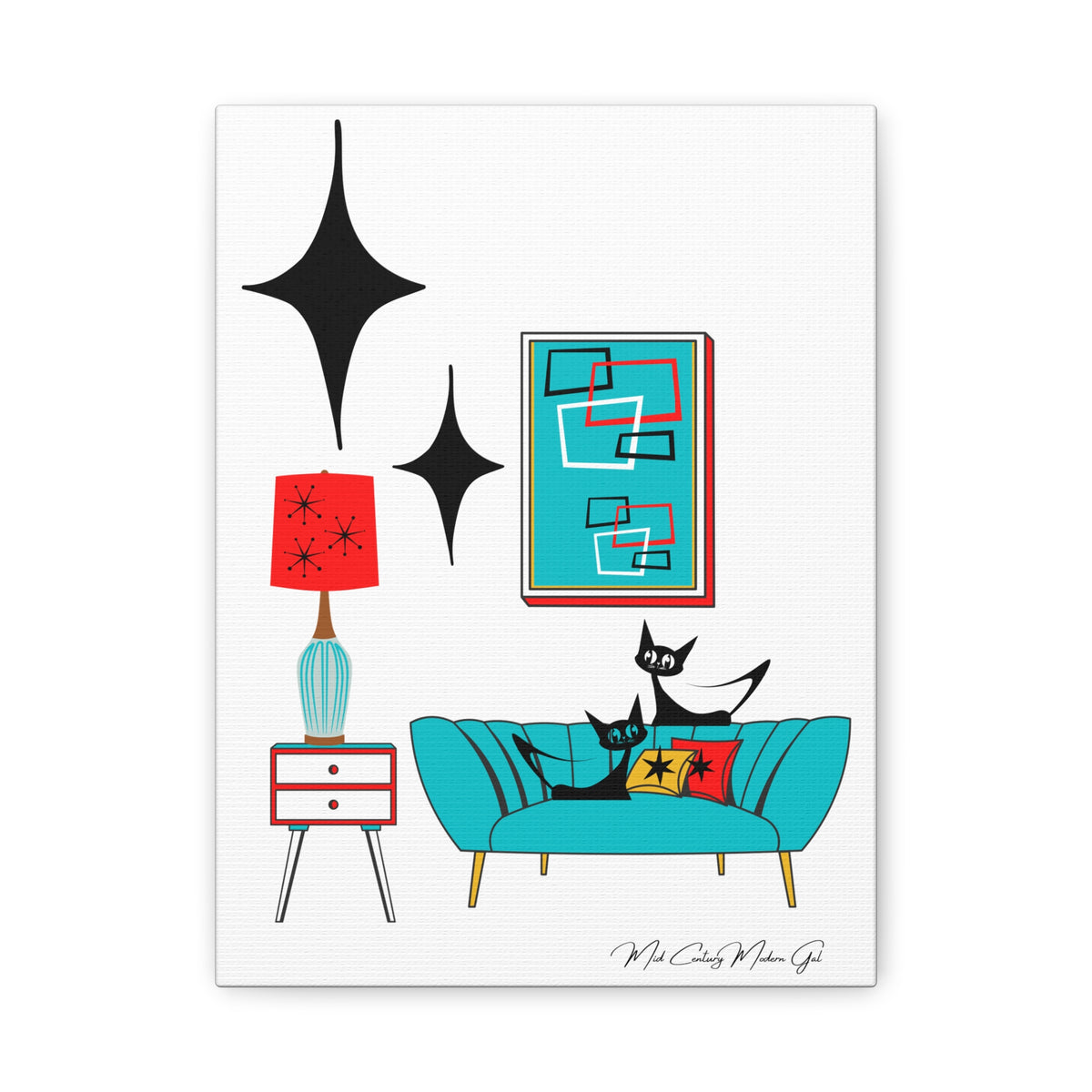 Mid Century Modern Wall Art, Atomic Cat Living Room Retro. Teal Blue, Red, Black Canvas Art - Mid Century Modern Gal