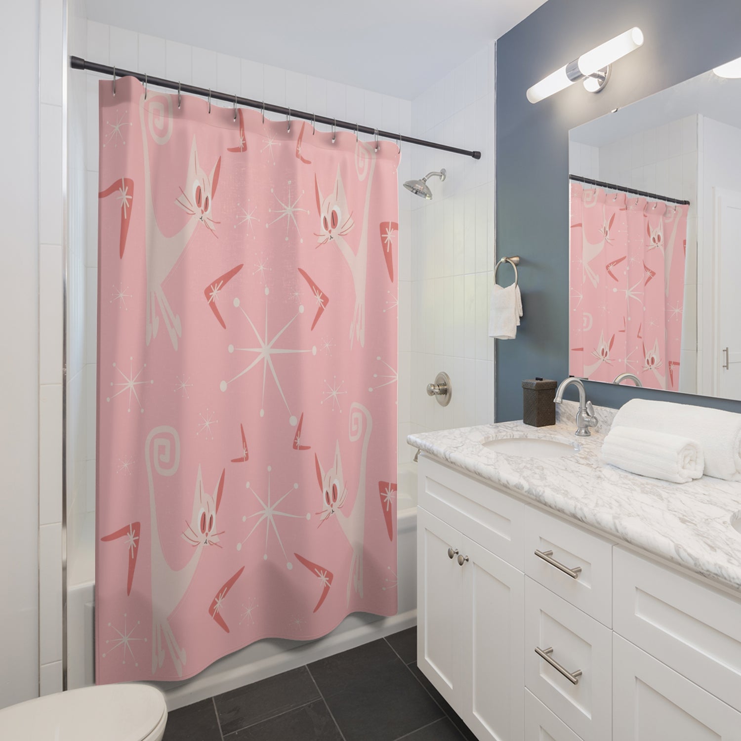 Pink Mid Century Modern Atomic Kittie, Boomerange, Retro MCM Shower Curtain - Mid Century Modern Gal