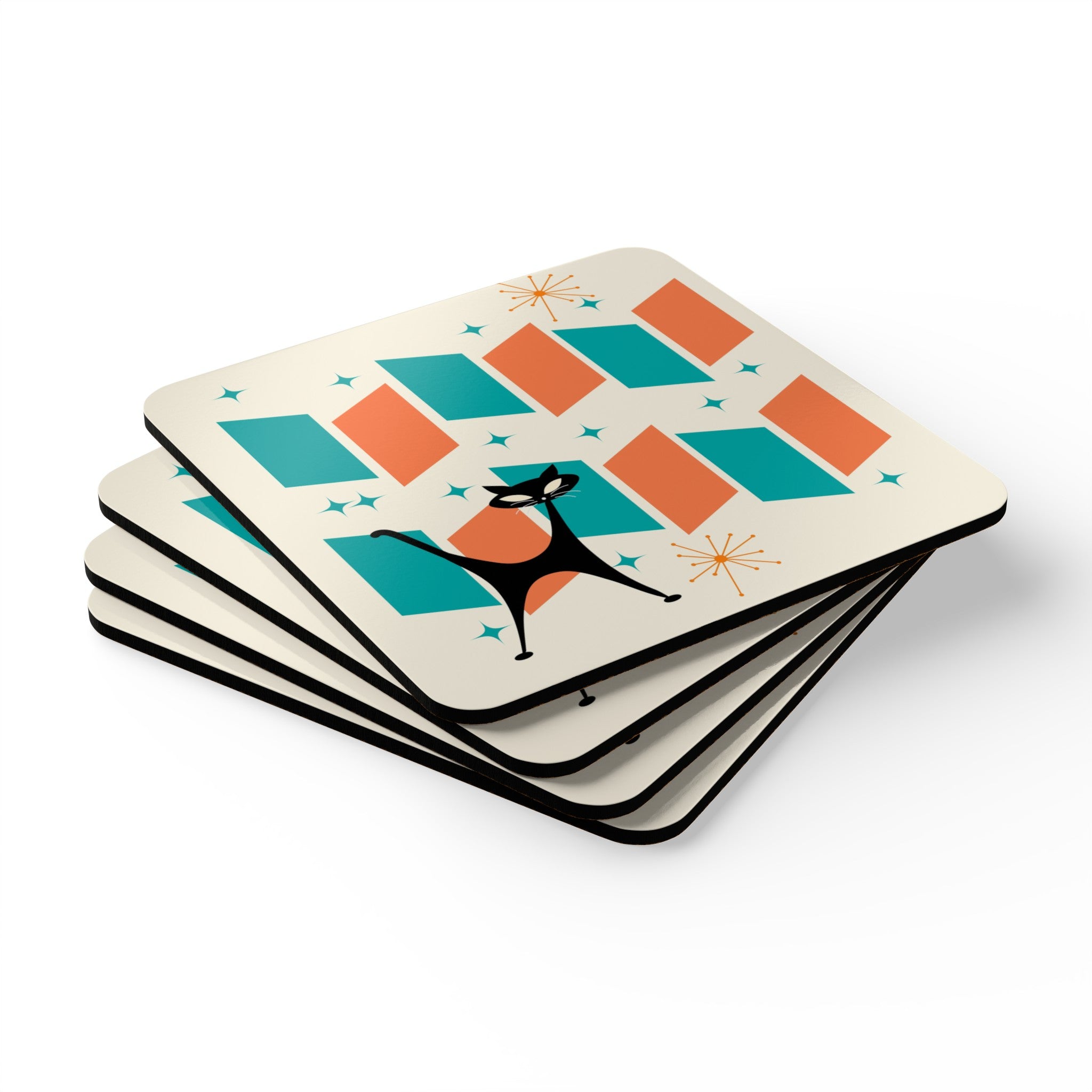 Atomic Cat Coaster Set, Orange, Teal, Retro Mod Corkwood Coaster Set - Mid Century Modern Gal