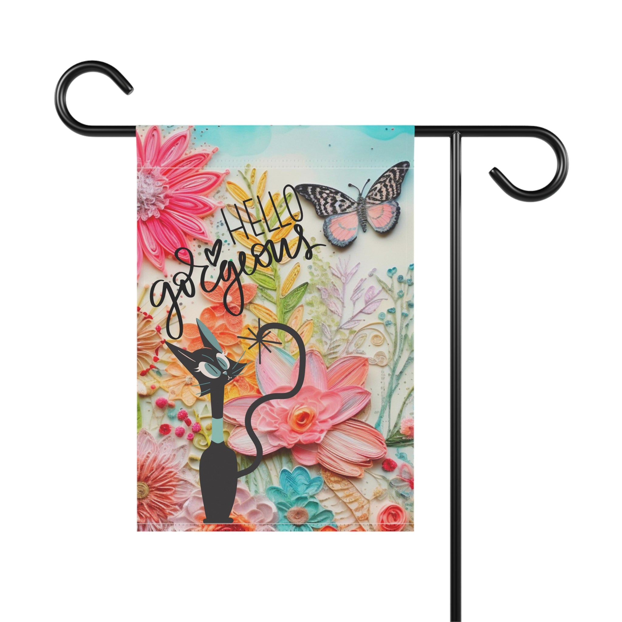 Boho Butterfly Garden Flag, 3D Art, Atomic Kitty Spring Summer Outdoor Welcome Flag - Mid Century Modern Gal