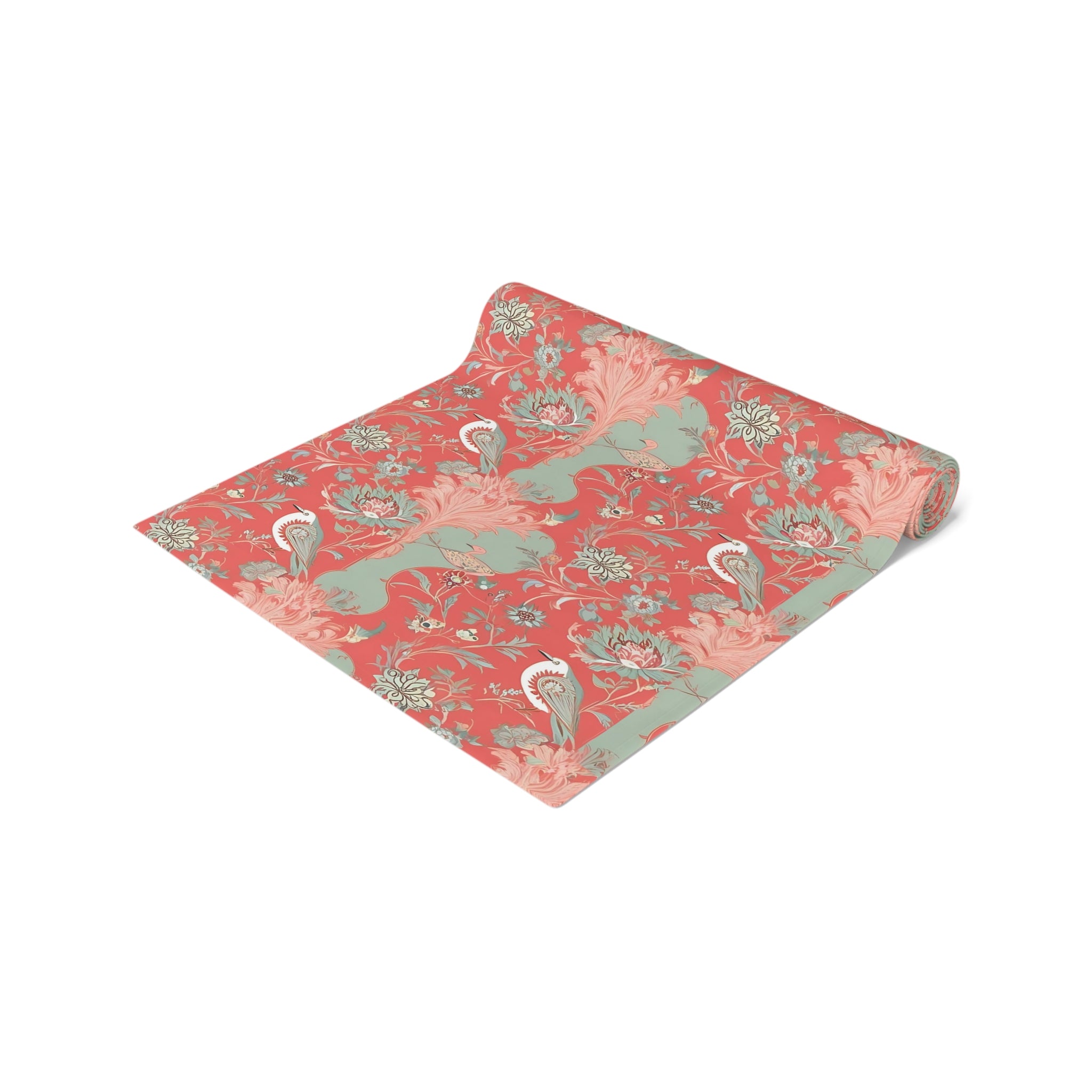 Chinoiserie Botanical Floral Coral, Mint Green Bohemian Floral Table Runner - Mid Century Modern Gal