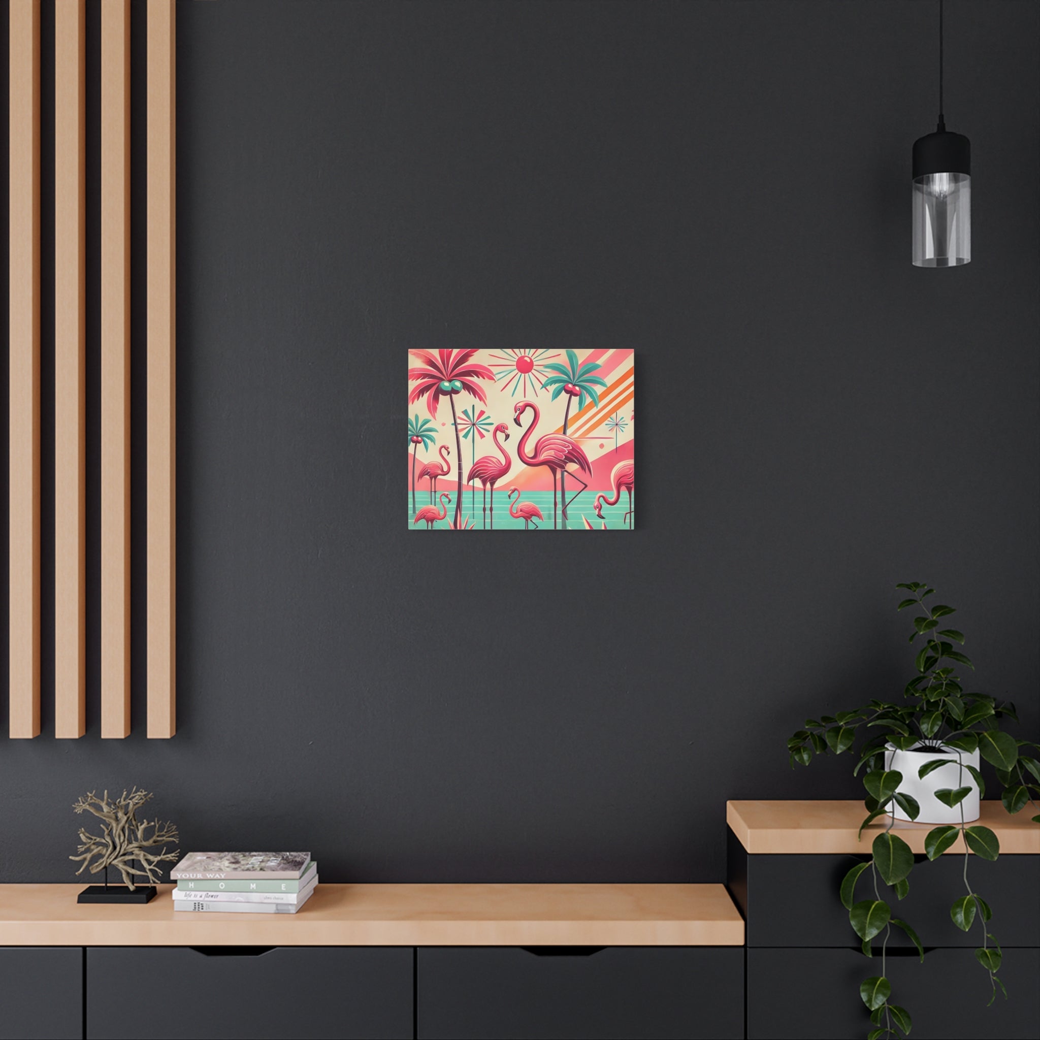 1950s Mid Century Modern Flamingo Art, Kitschy Pink, Teal, MCM Matte Canvas - Mid Century Modern Gal