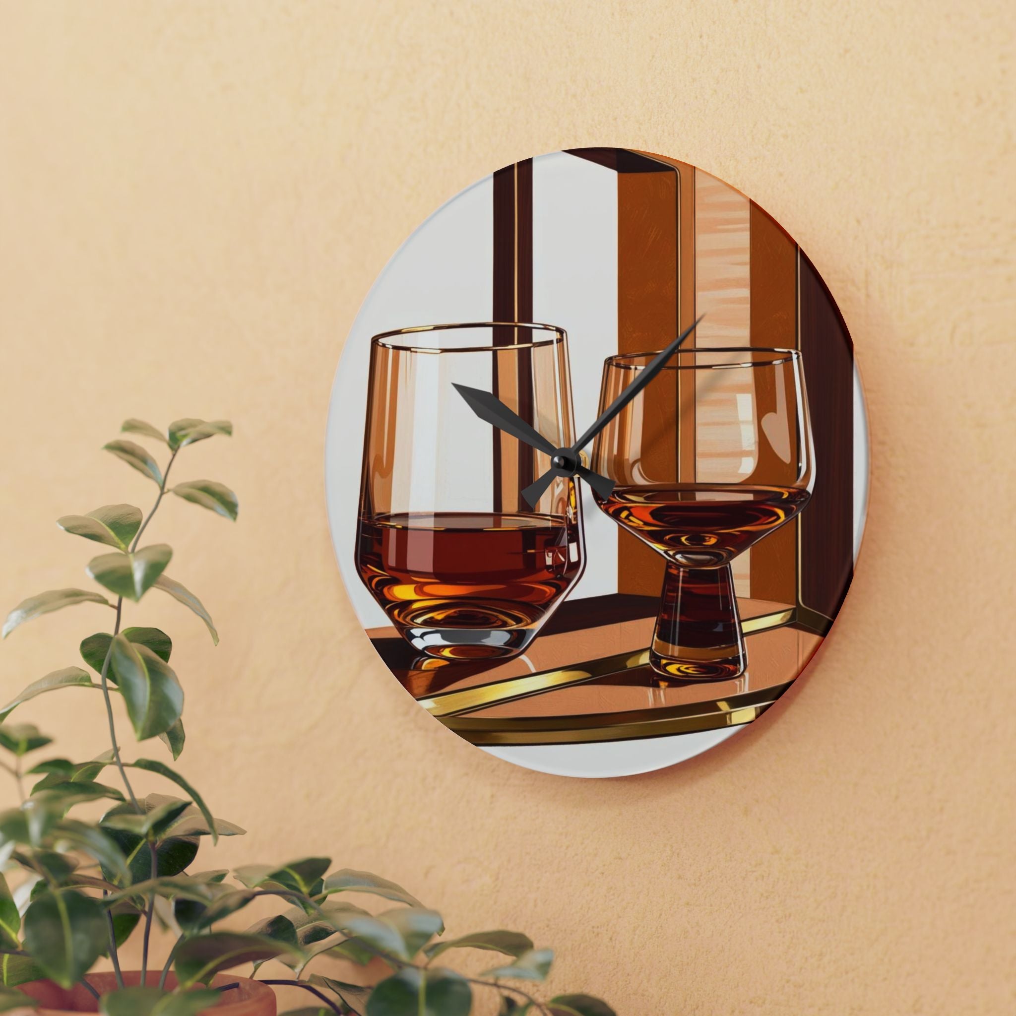 Bourbon Whiskey Glasses Art Mid Century Modern Barware Acrylic Wall Clock - Stylish Home Décor - Mid Century Modern Gal