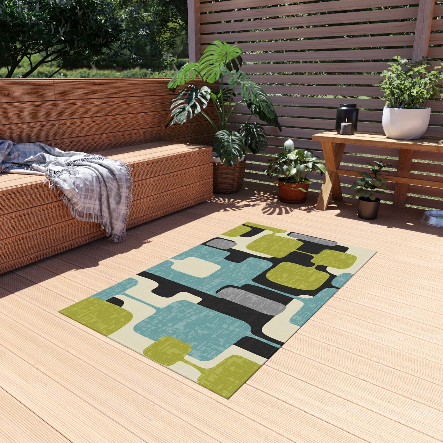 Mid Century Modern Geometric Indoor, Outdoor Area Rug, Lime Green, Aqua Blue, Black - Mid Century Modern Gal