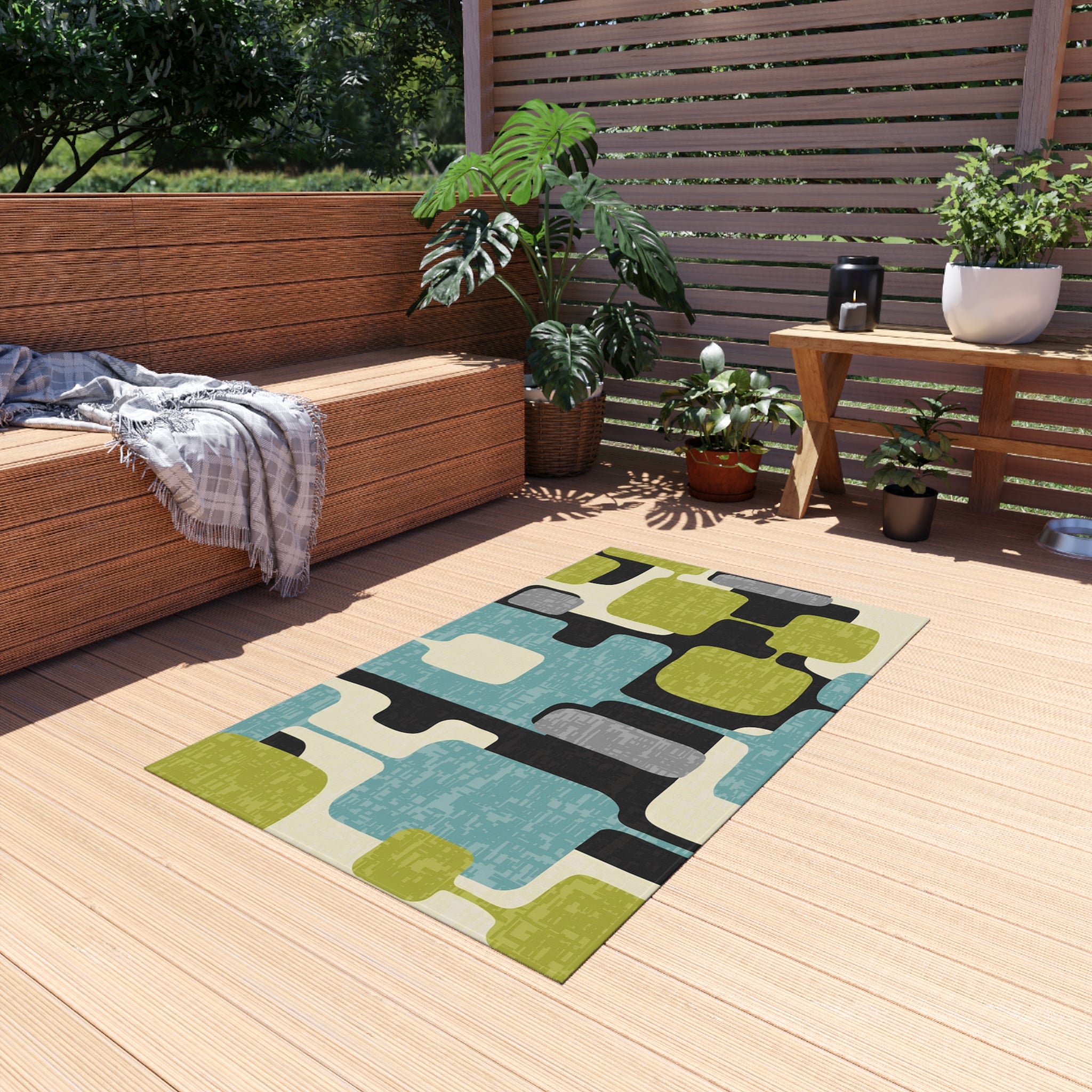 Mid Century Modern Geometric Indoor, Outdoor Area Rug, Lime Green, Aqua Blue, Black - Mid Century Modern Gal