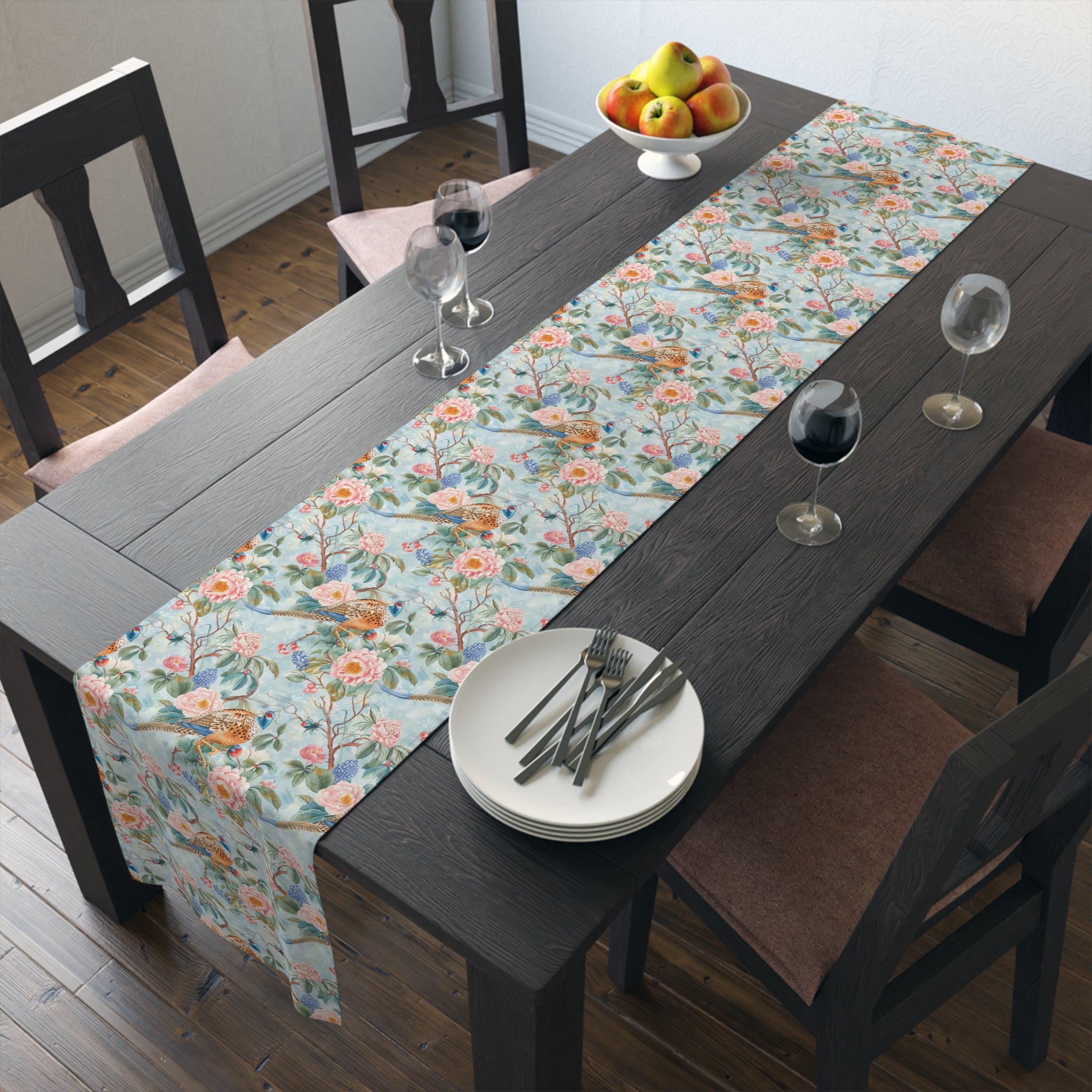 Chinoiserie Botanical Floral Table Runner - Elegant Table Linen Centerpiece for Home Decor - Mid Century Modern Gal