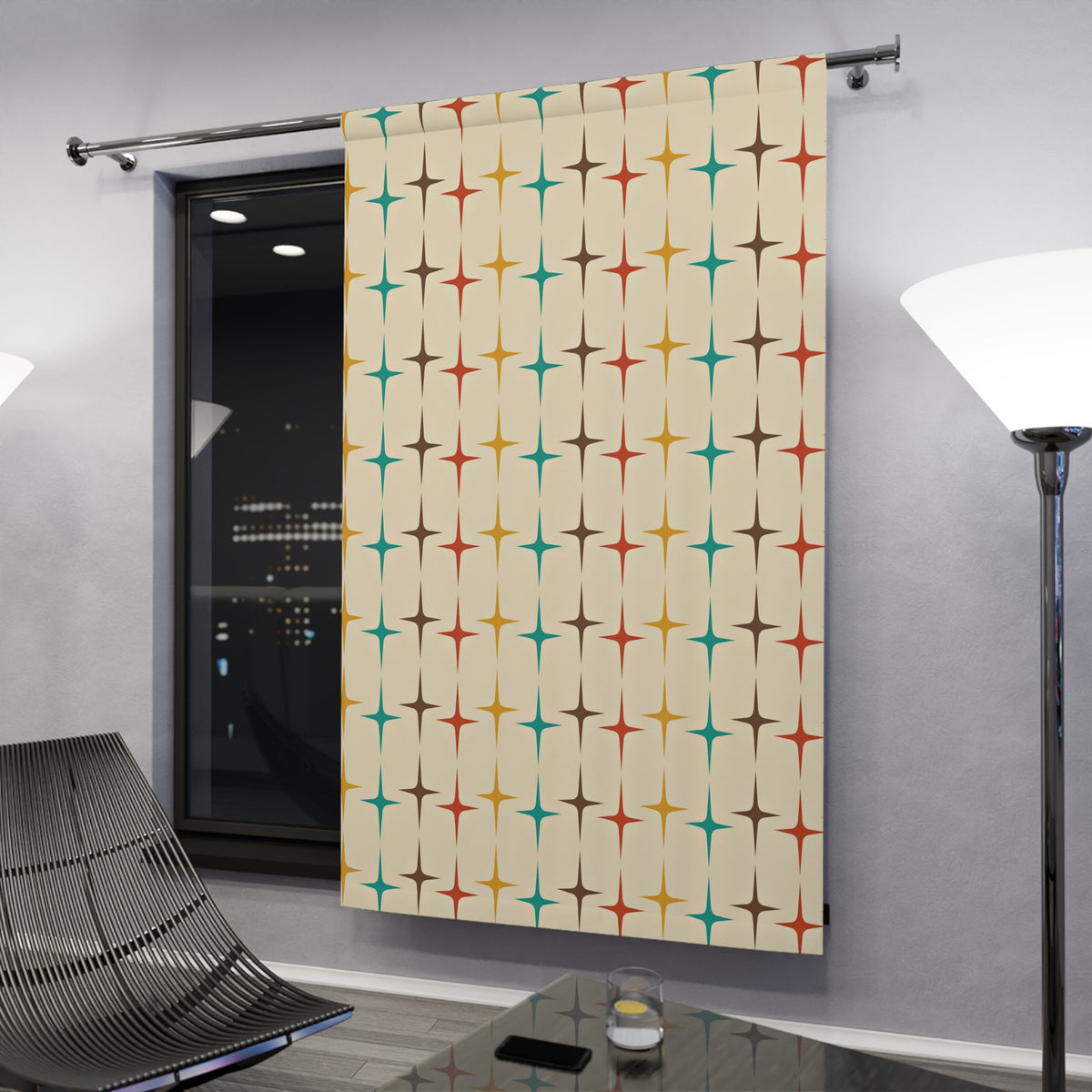 Mid Century Modern Starburst, Beige Aqua, Mustard Yellow, Burnt Orange MCM, Mid Mod Curtain - Mid Century Modern Gal