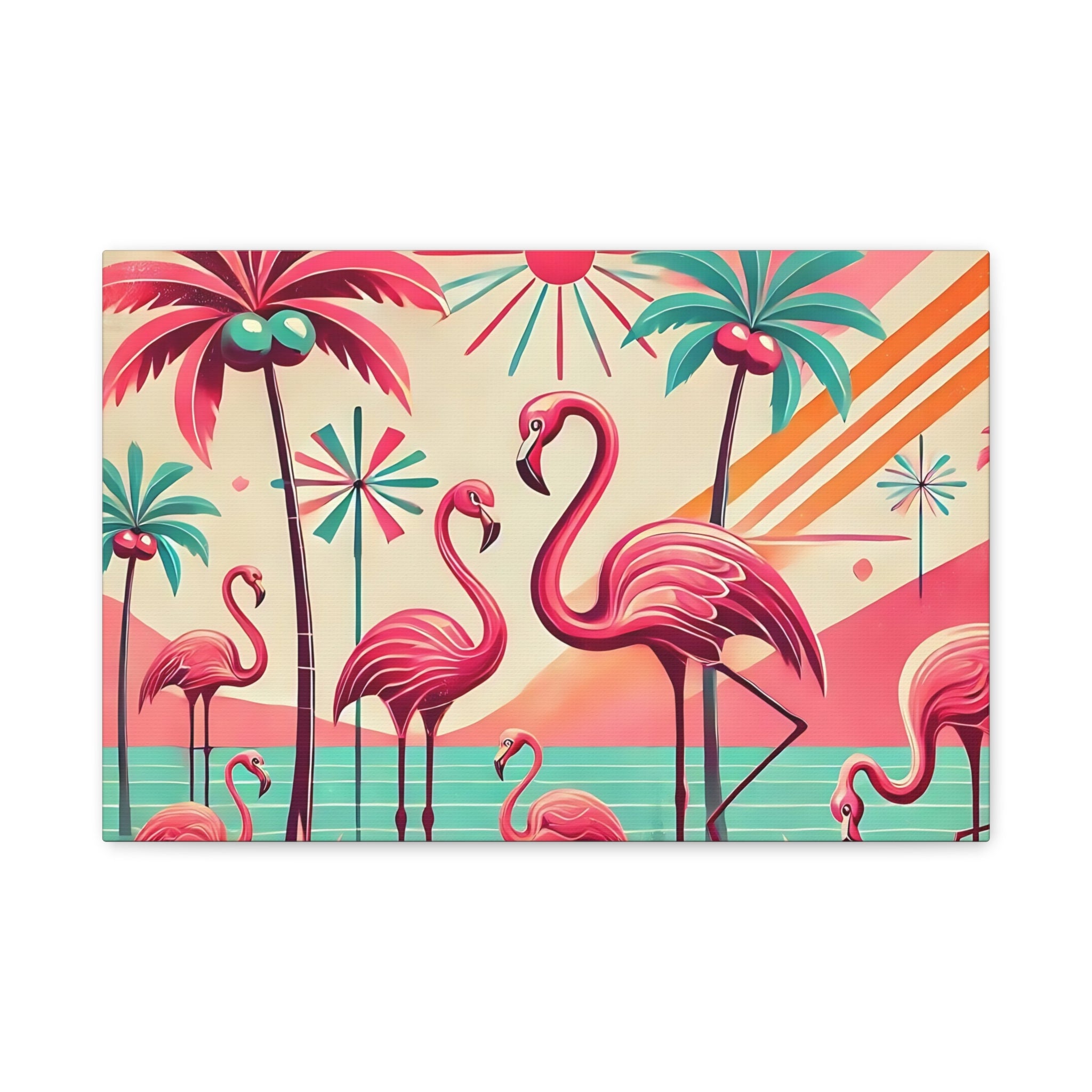 1950s Mid Century Modern Flamingo Art, Kitschy Pink, Teal, MCM Matte Canvas - Mid Century Modern Gal