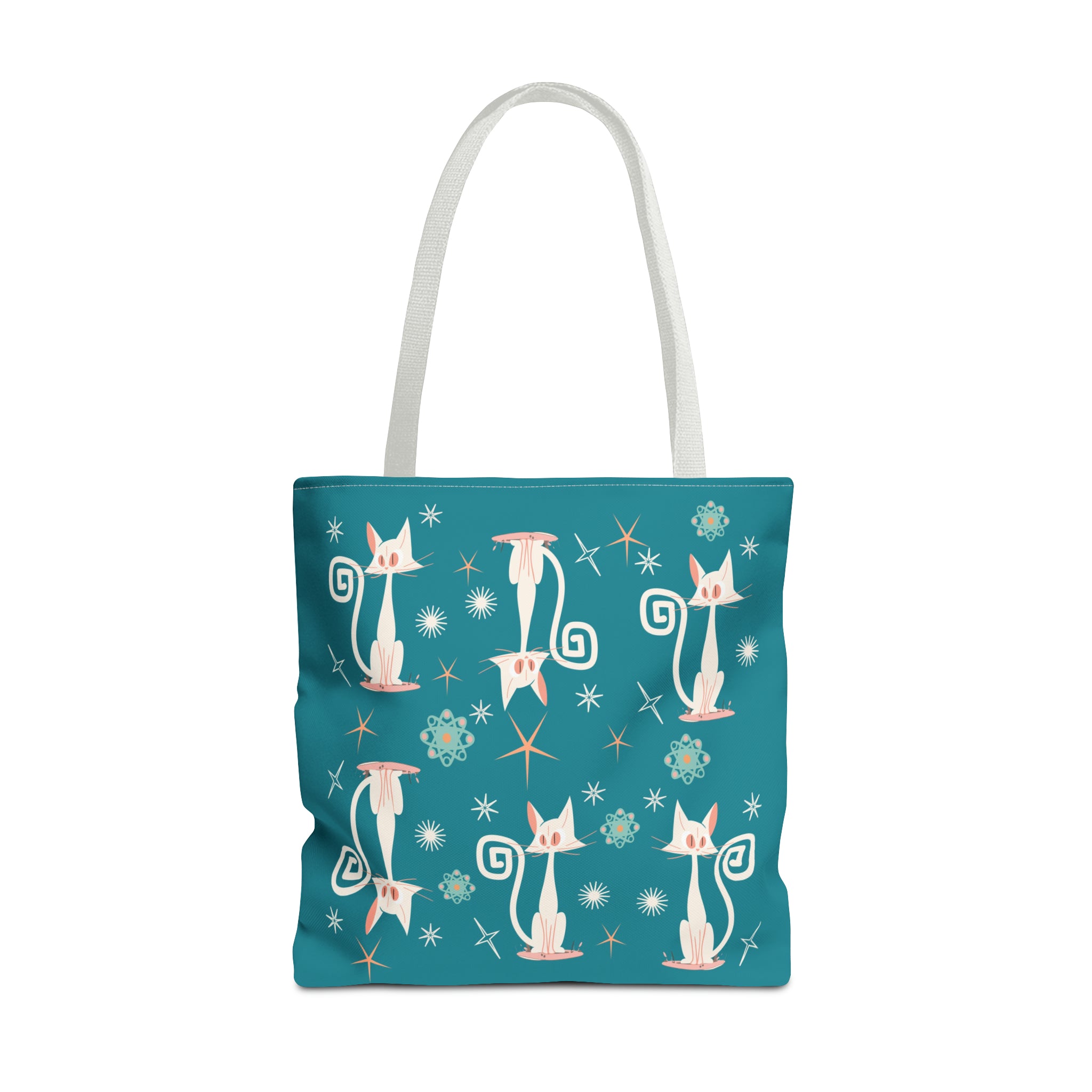 Atomic Kitties, White Kitschy Cats, Coral, Teal, Atomic Age Mid Century Modern Tote Bag