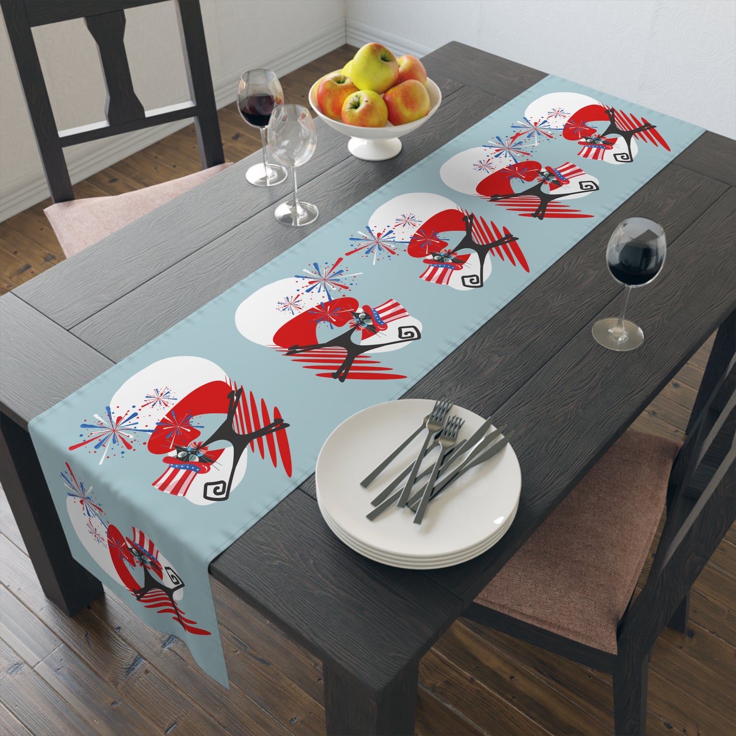 4th Of  July Party Table Accessories With Atomic Cats, Mid Mod Style Patriotic Table Runner - Mid Century Modern Gal