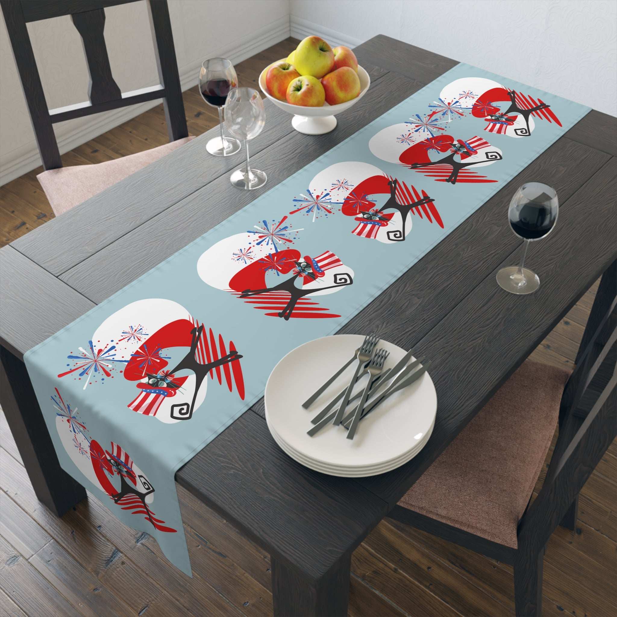 4th Of July Party Table Accessories With Atomic Cats, Mid Mod Style Patriotic Table Runner - Mid Century Modern Gal
