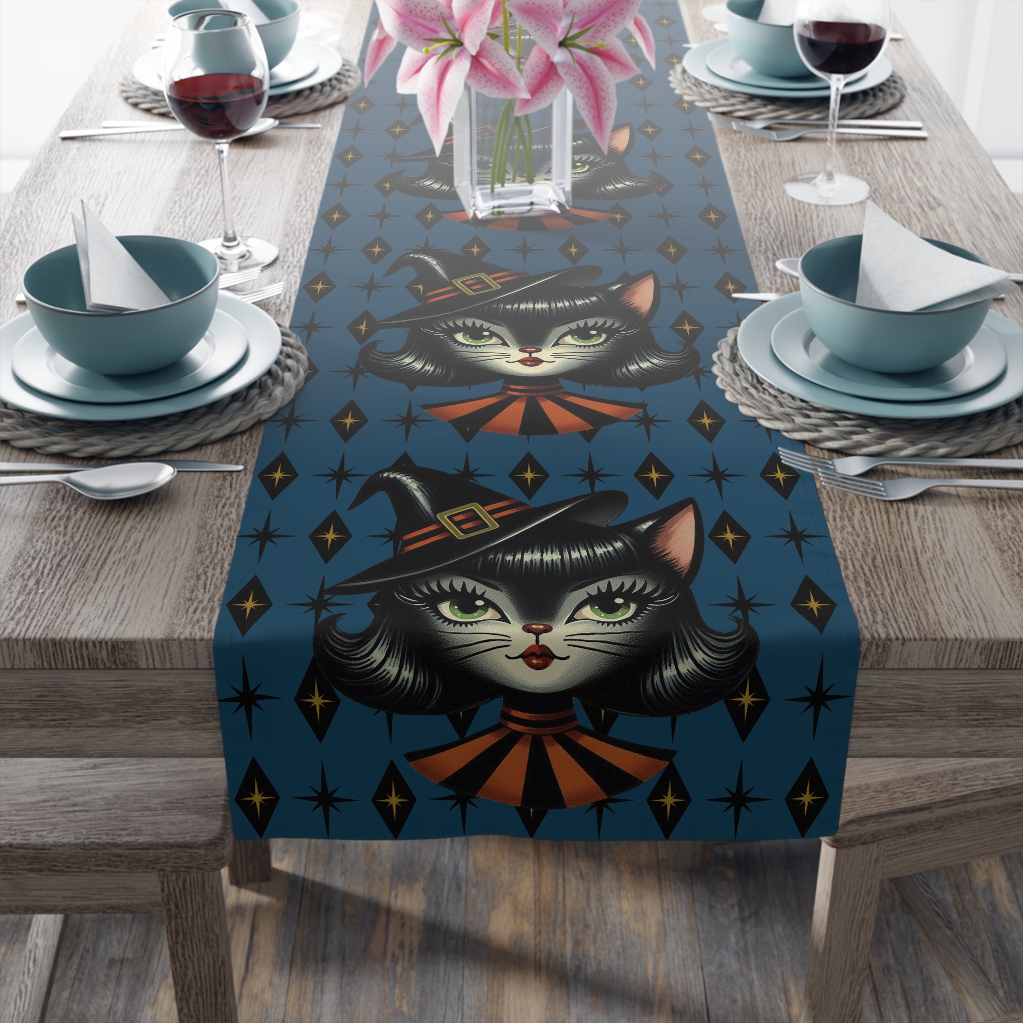 Vintage Halloween Black Cat Sexy Sexton Mid Century Modern Blue Table Runner - Mid Century Modern Gal