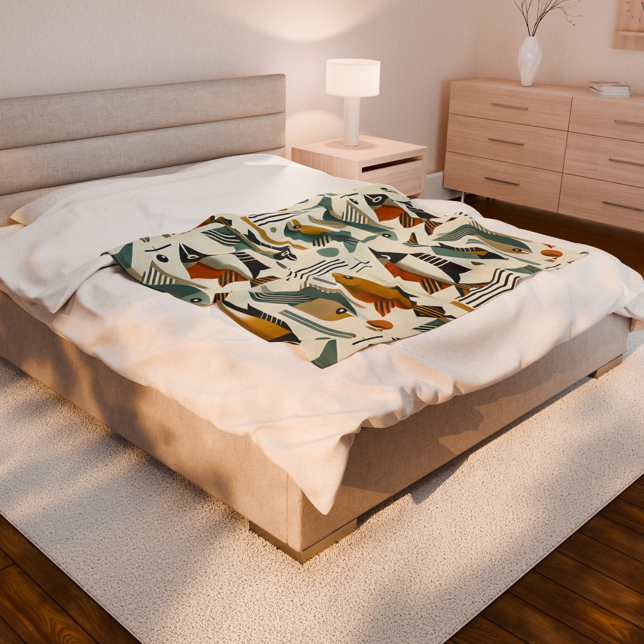 Mid Century Modern Bauhaus Colorful Fish Pattern Plush Blanket for Cozy Living Spaces - Mid Century Modern Gal