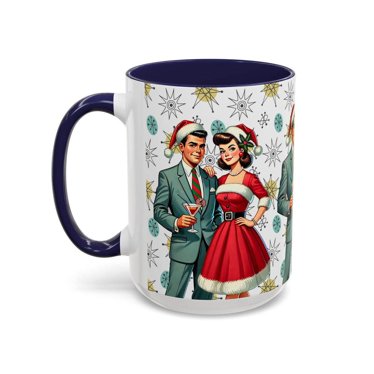 Mid Century Modern 50s Christmas mug featuring Franciscan Starburst pattern with retro couple in festive attire.
