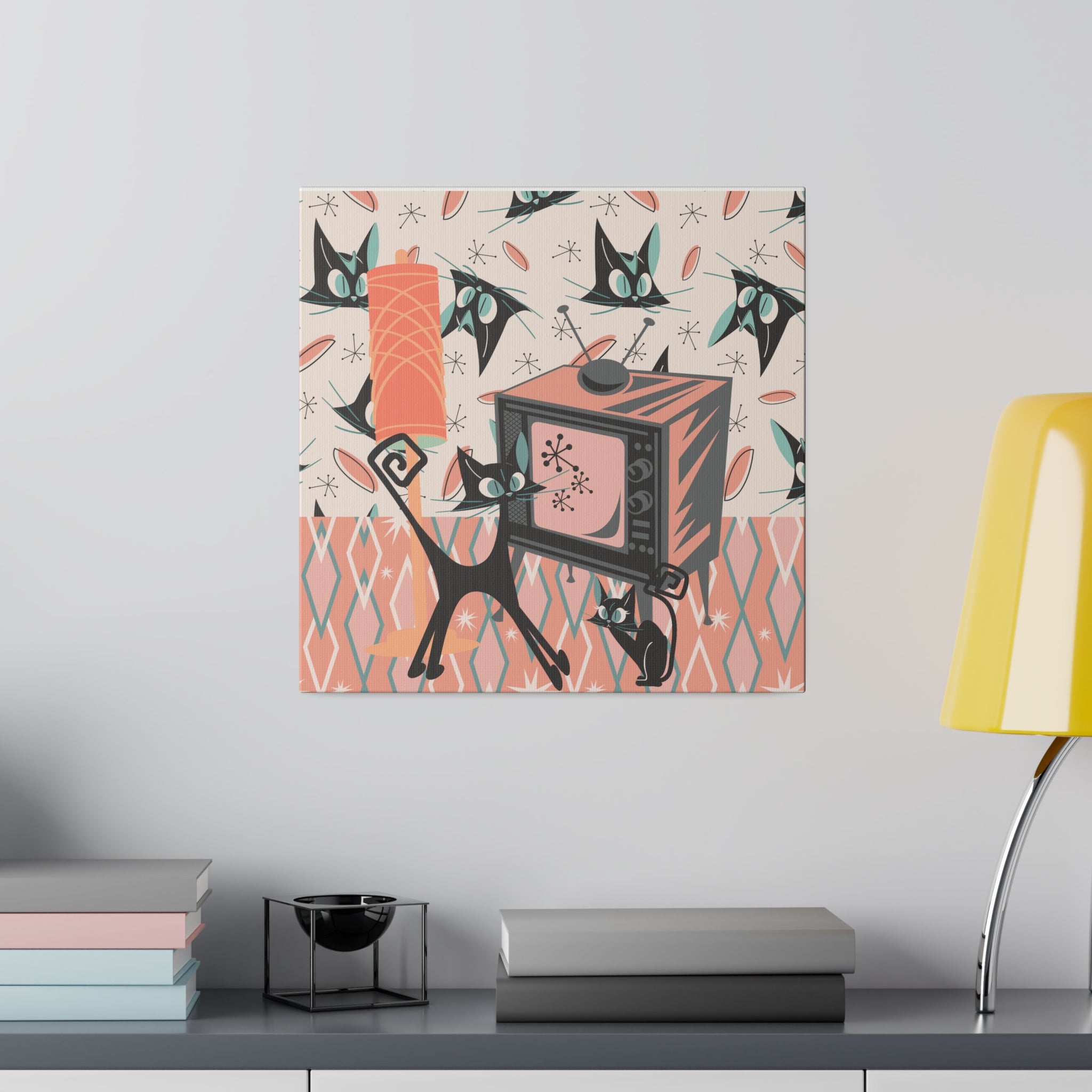 Atomic Cat Art, Quirky, Kitschy Whimsical Kittie Lover, Retro TV, Coral, Peach, Teal Blue, Mid Century Modern Wall Art - Mid Century Modern Gal