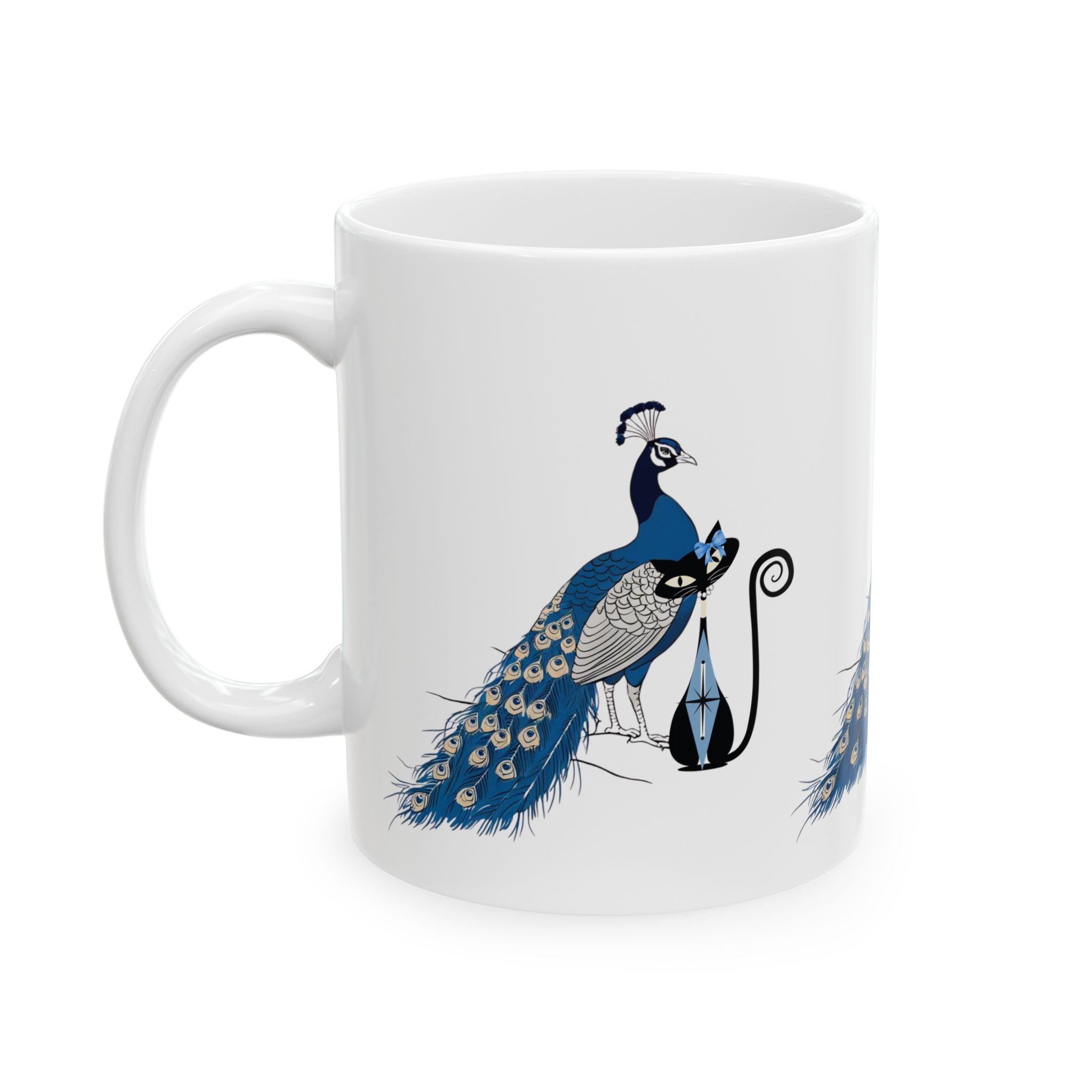 Atomic Cat Mug Blue Chinoiserie Peacock MCM Black Cat Mug Vintage Inspired Gift Elegant Peacock Ceramic Mug - Mid Century Modern Gal
