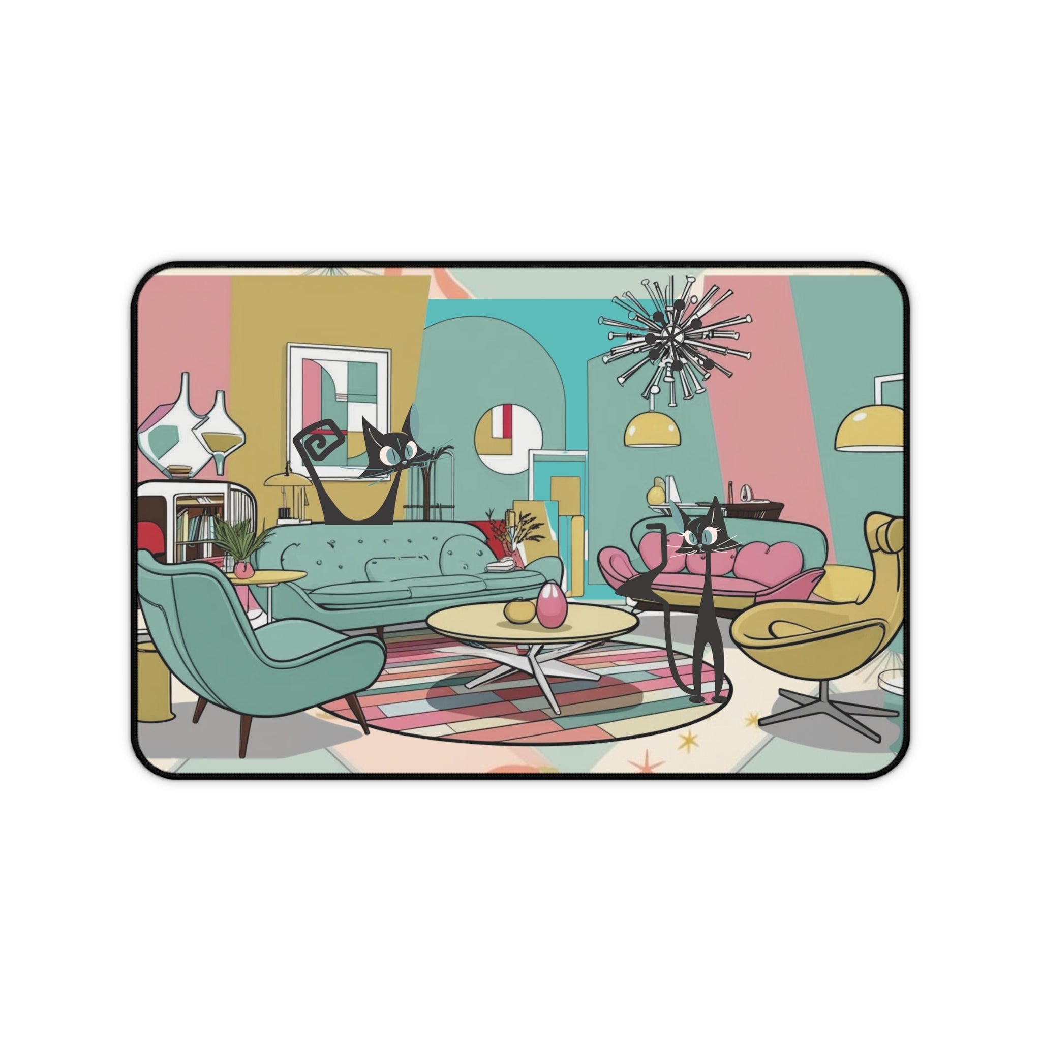 Mid-Century Modern Atomic Kitschy Cats Desk Mat - Stylish Home Office Decor - Mid Century Modern Gal
