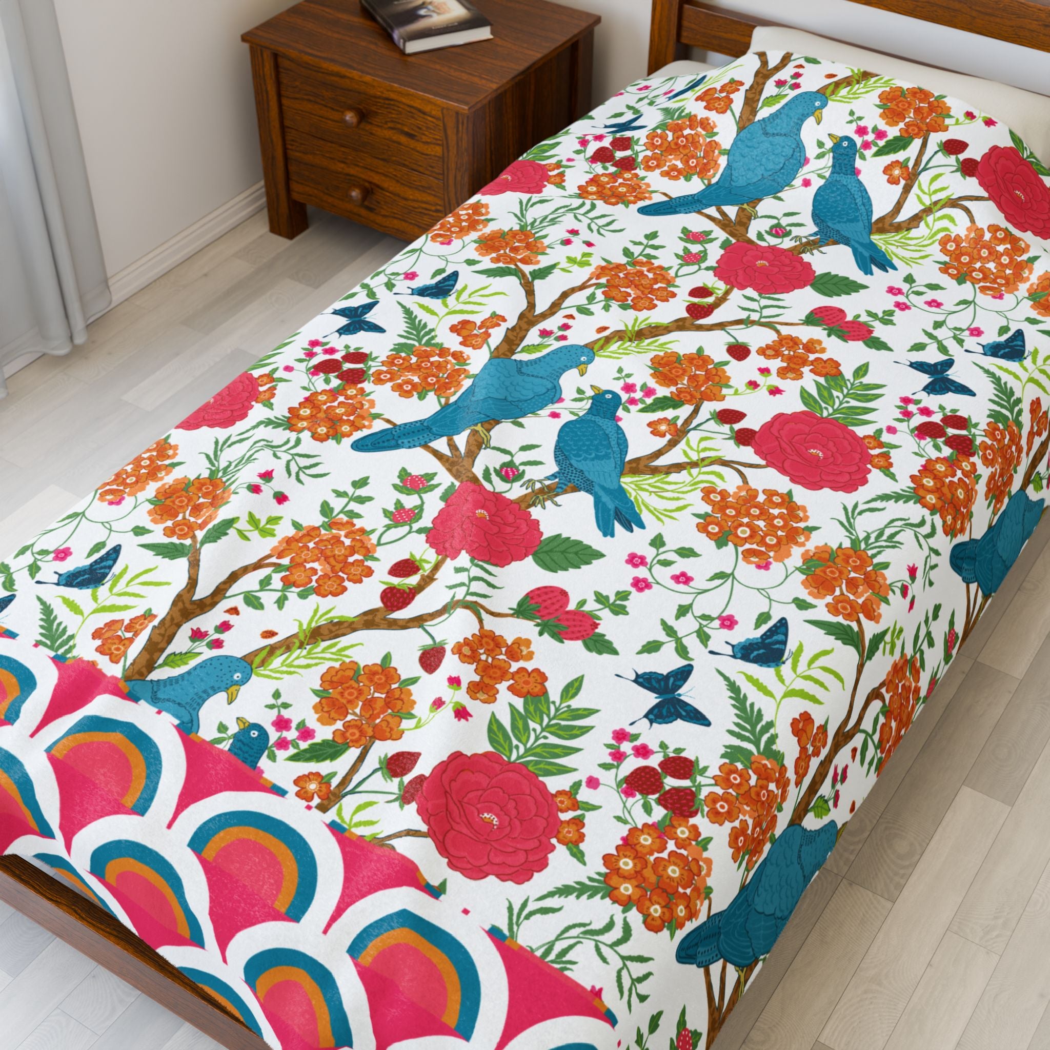 Chinoiserie Throw Blanket, Blue Pink, Birds Tropical Floral Velveteen Plush Blanket - Cozy Decor for Home - Mid Century Modern Gal