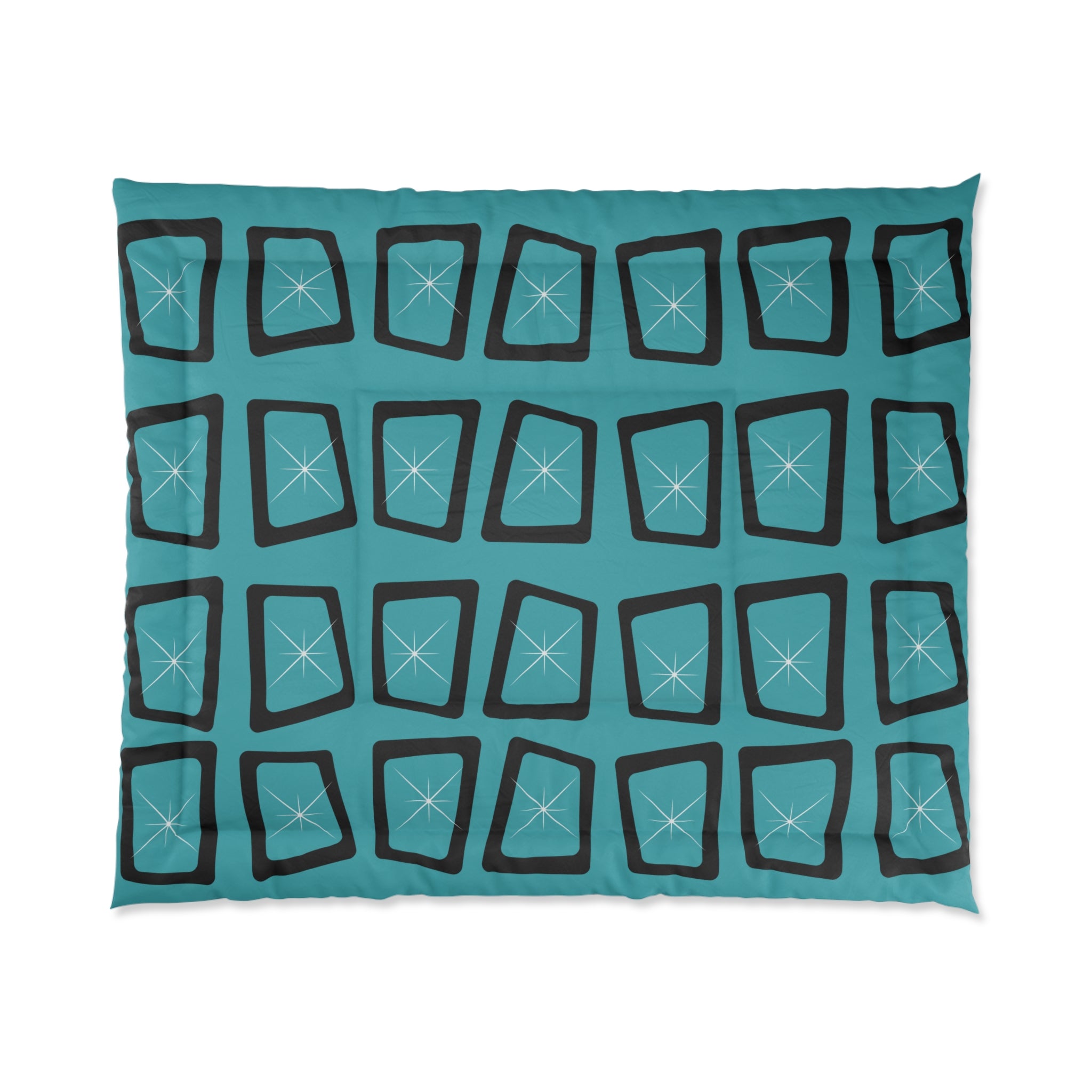 Mid Century Modern Teal Blue Black Geometric StarburstStar Comforter – Modern Bedding for Cozy Spaces - Mid Century Modern Gal