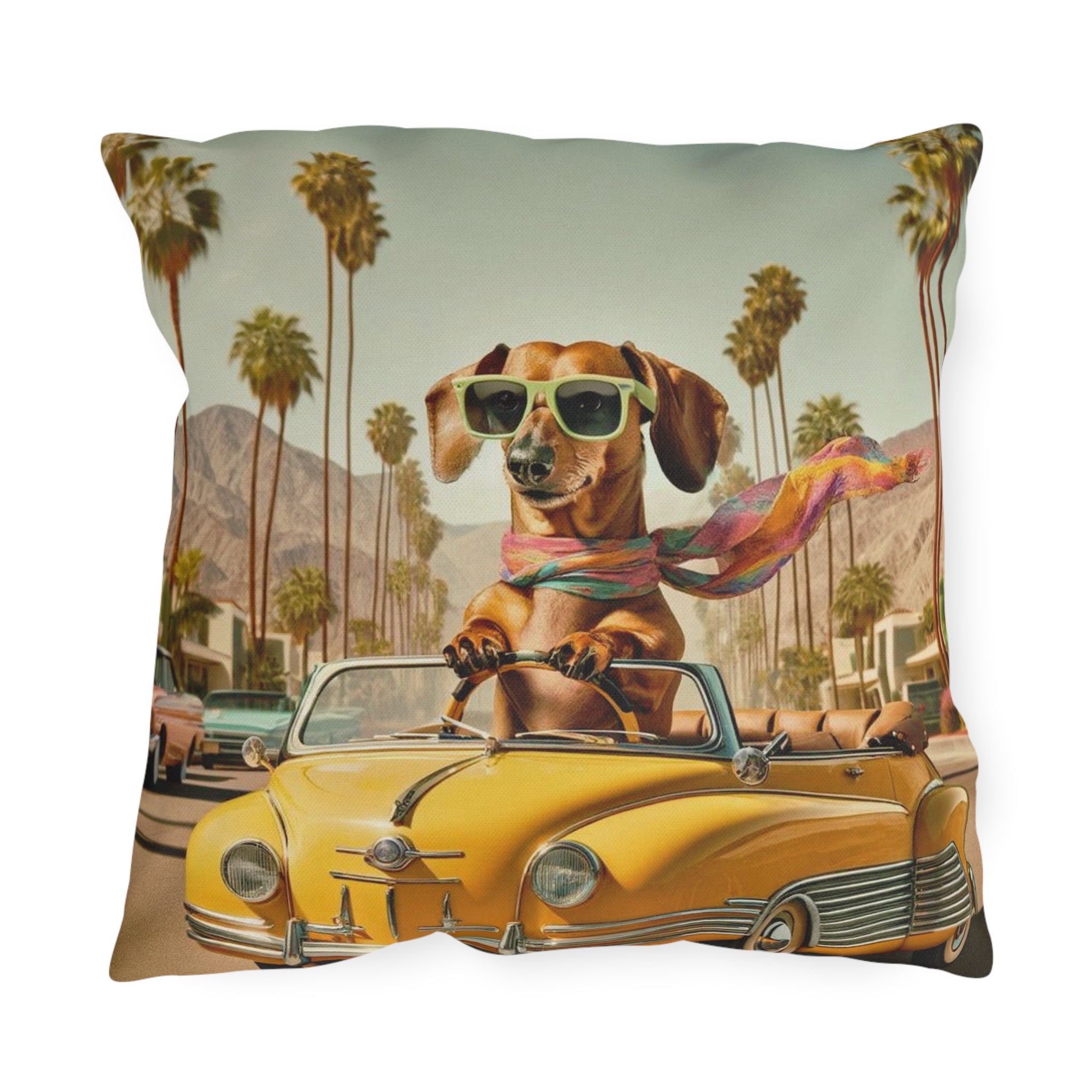Doxie Dog, Retro Palm Springs Cali Kitschy Fun Outdoor Pillows - Mid Century Modern Gal