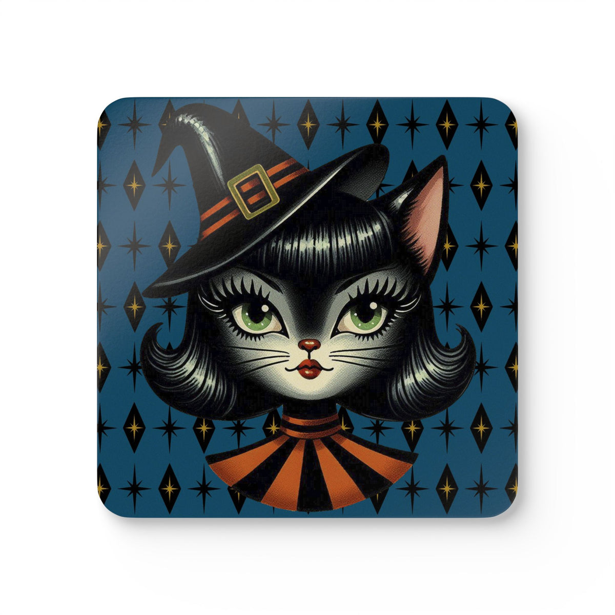 Vintage Halloween Black Cat Sexy Sexton Mid Century Modern Blue Corkwood Coaster Set - Mid Century Modern Gal