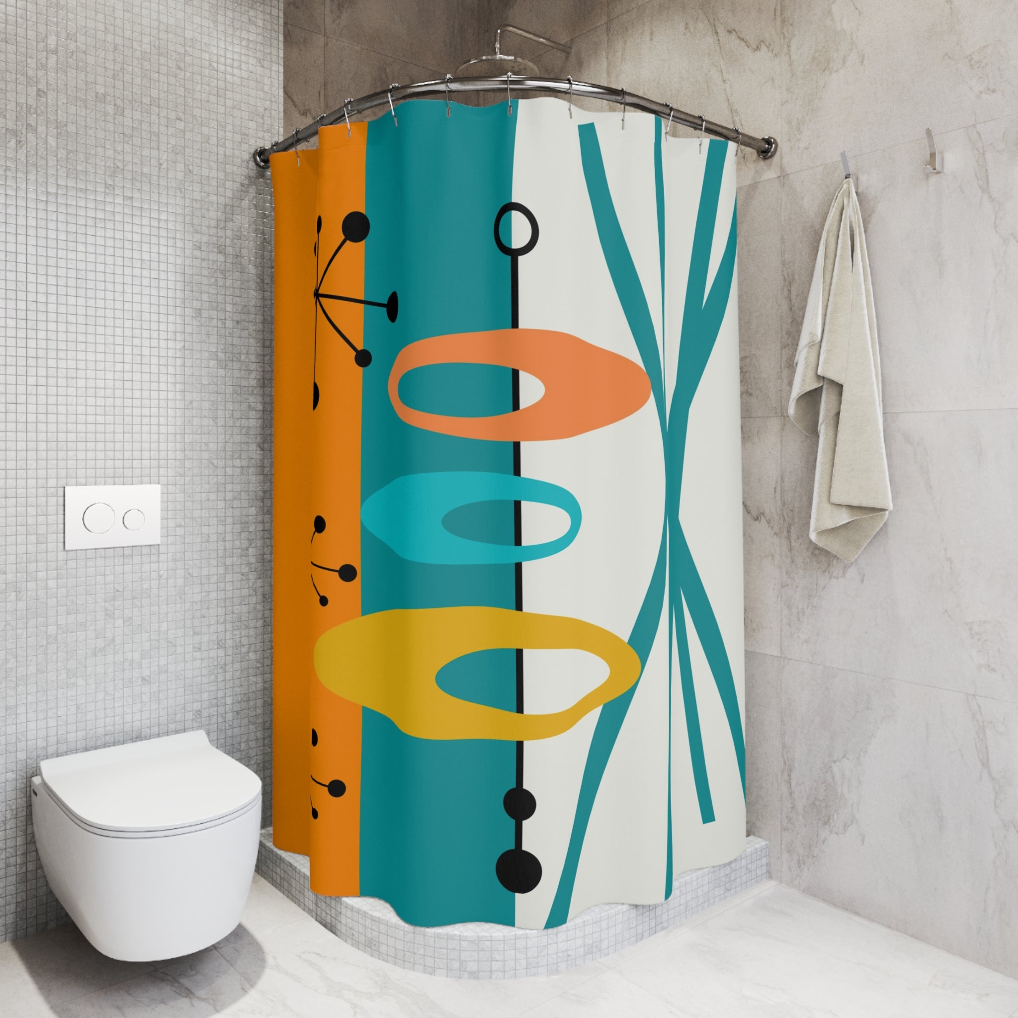 Mid-Century Modern Shower Curtain - Vibrant Orange, Teal Retro Design for Chic Bathrooms - Mid Century Modern Gal