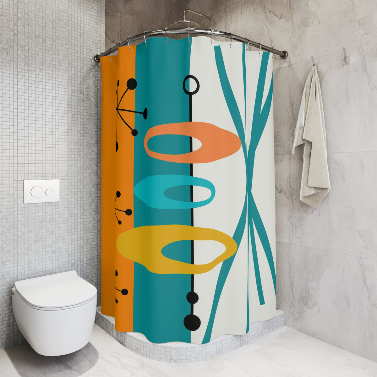 Mid-Century Modern Shower Curtain - Vibrant Orange, Teal Retro Design for Chic Bathrooms - Mid Century Modern Gal
