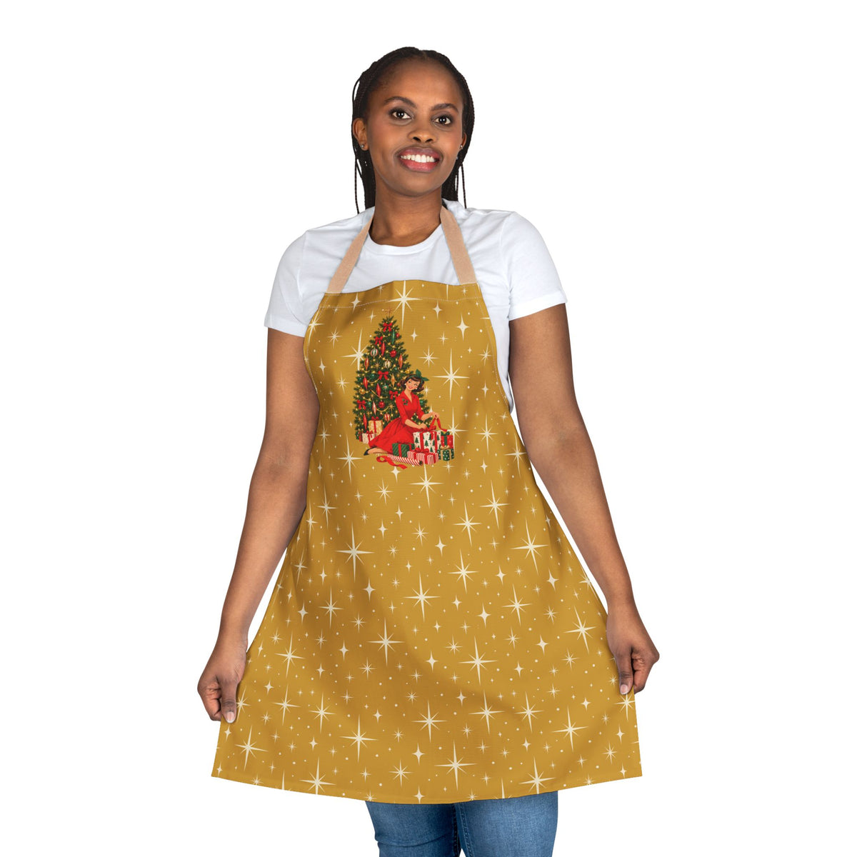 Mid Century Modern Christmas Glamour Gal Wrapping Presents by Tree, Gold Atomic Starbursts Apron