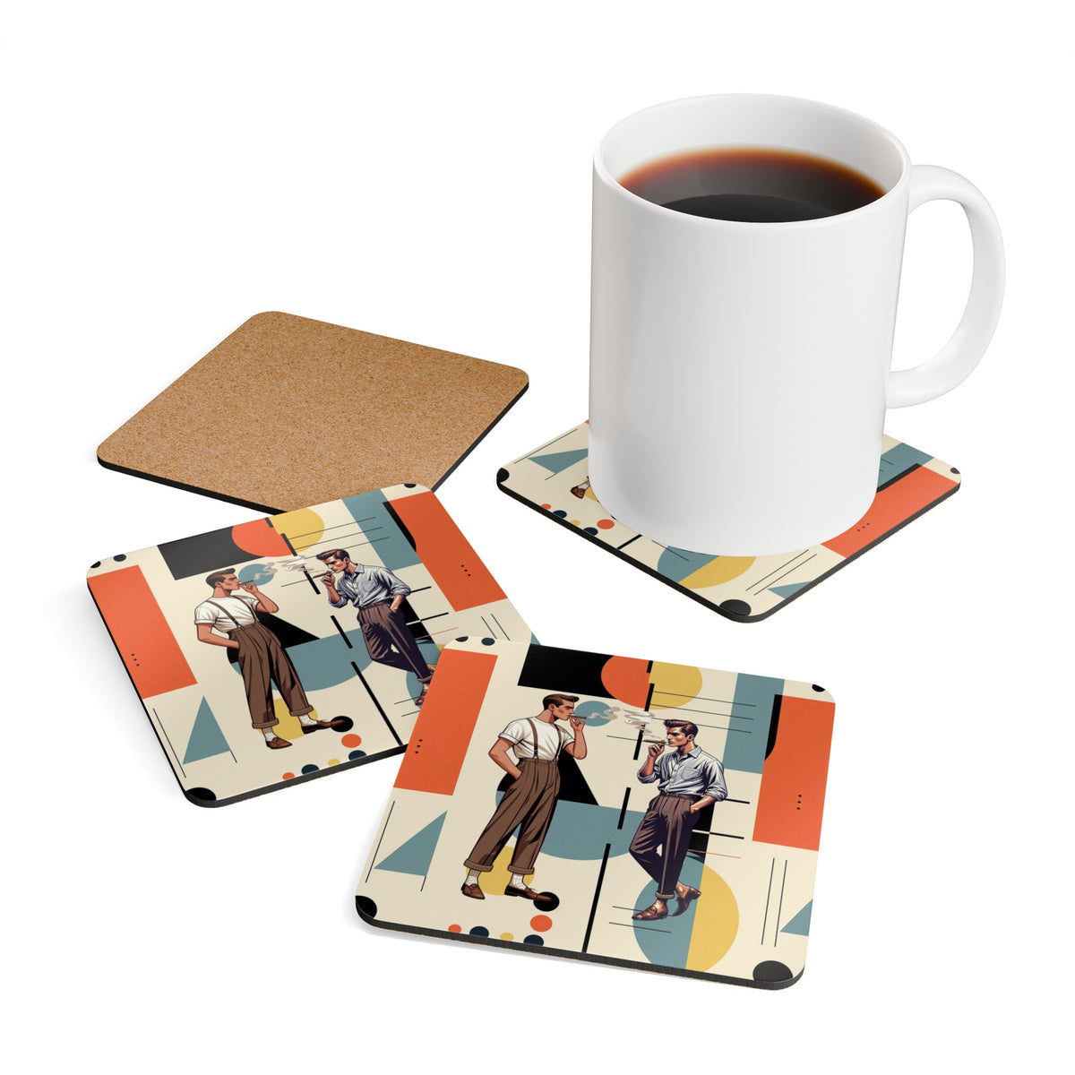 Cigar Smoking Mid Mod Gentleman Bauhaus Designed Mod Corkwood Coaster Set - Mid Century Modern Gal